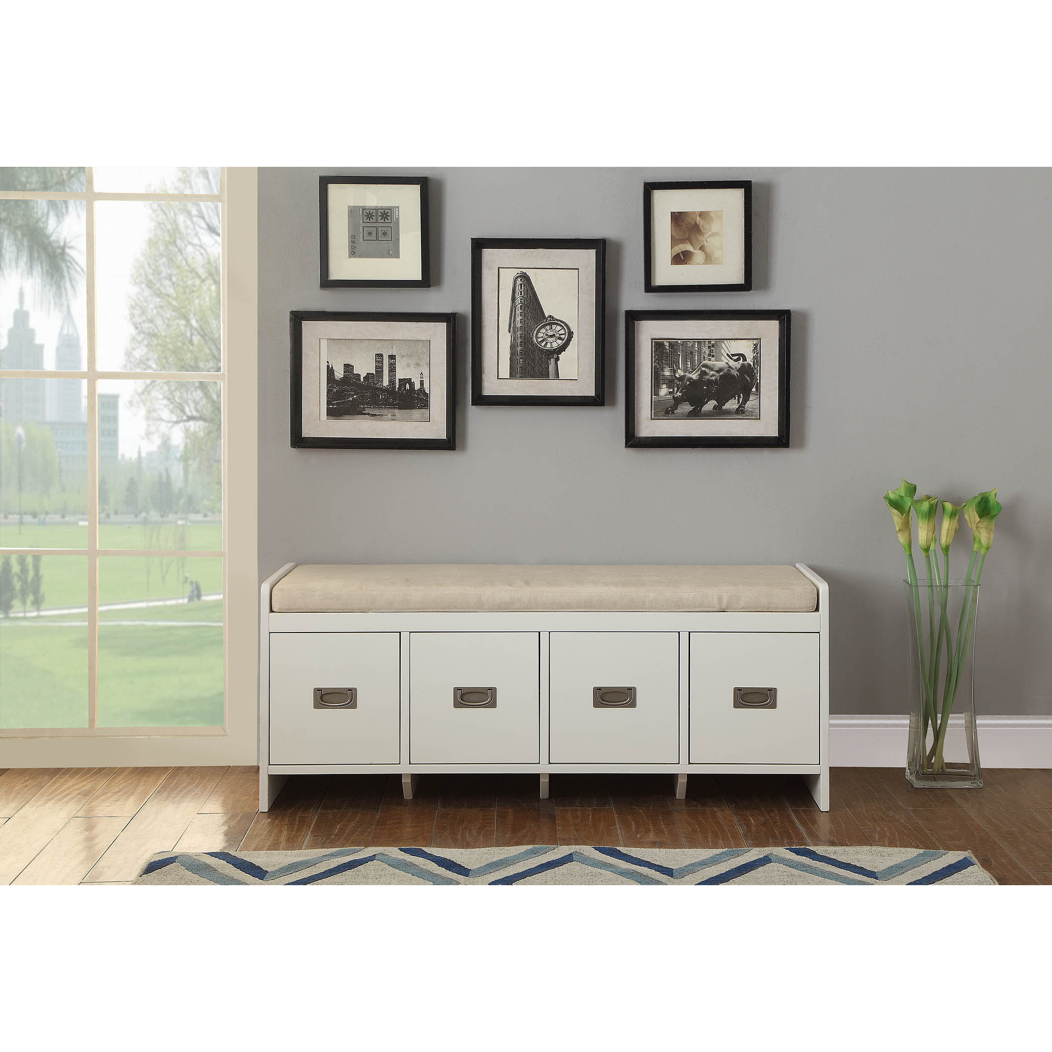 Berci - Bench w/Storage Beige Fabric & White
