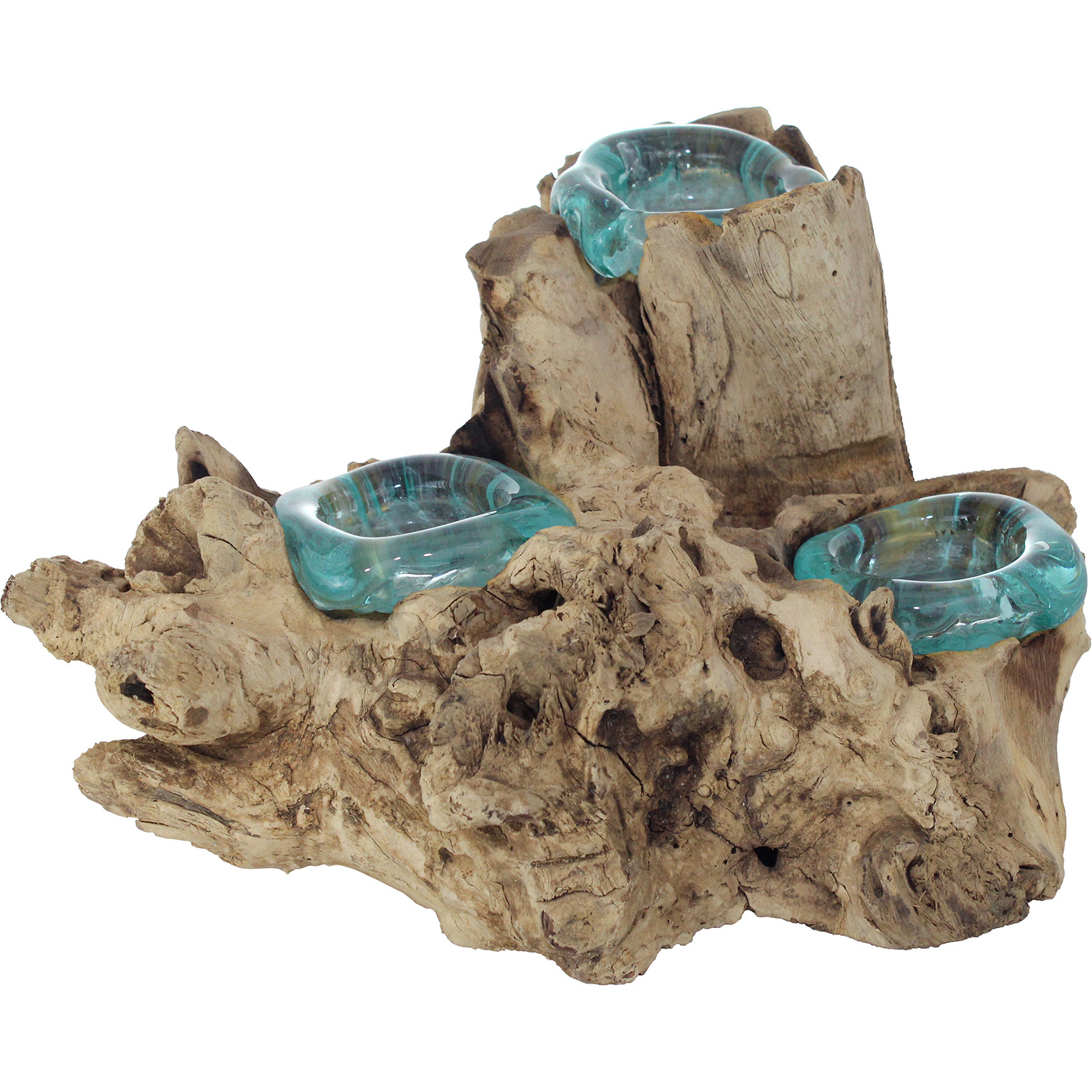 Triple Cohasset Molten Glass Bleached Wood Candle Holder