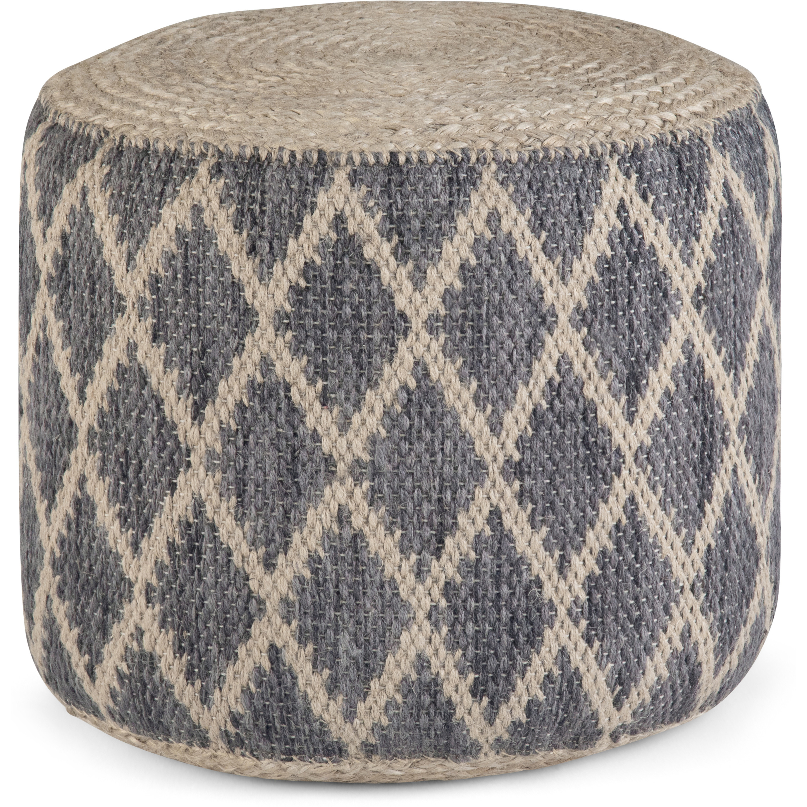 Edgeley Boho Round Pouf in Grey, Natural Woven Braided Jute