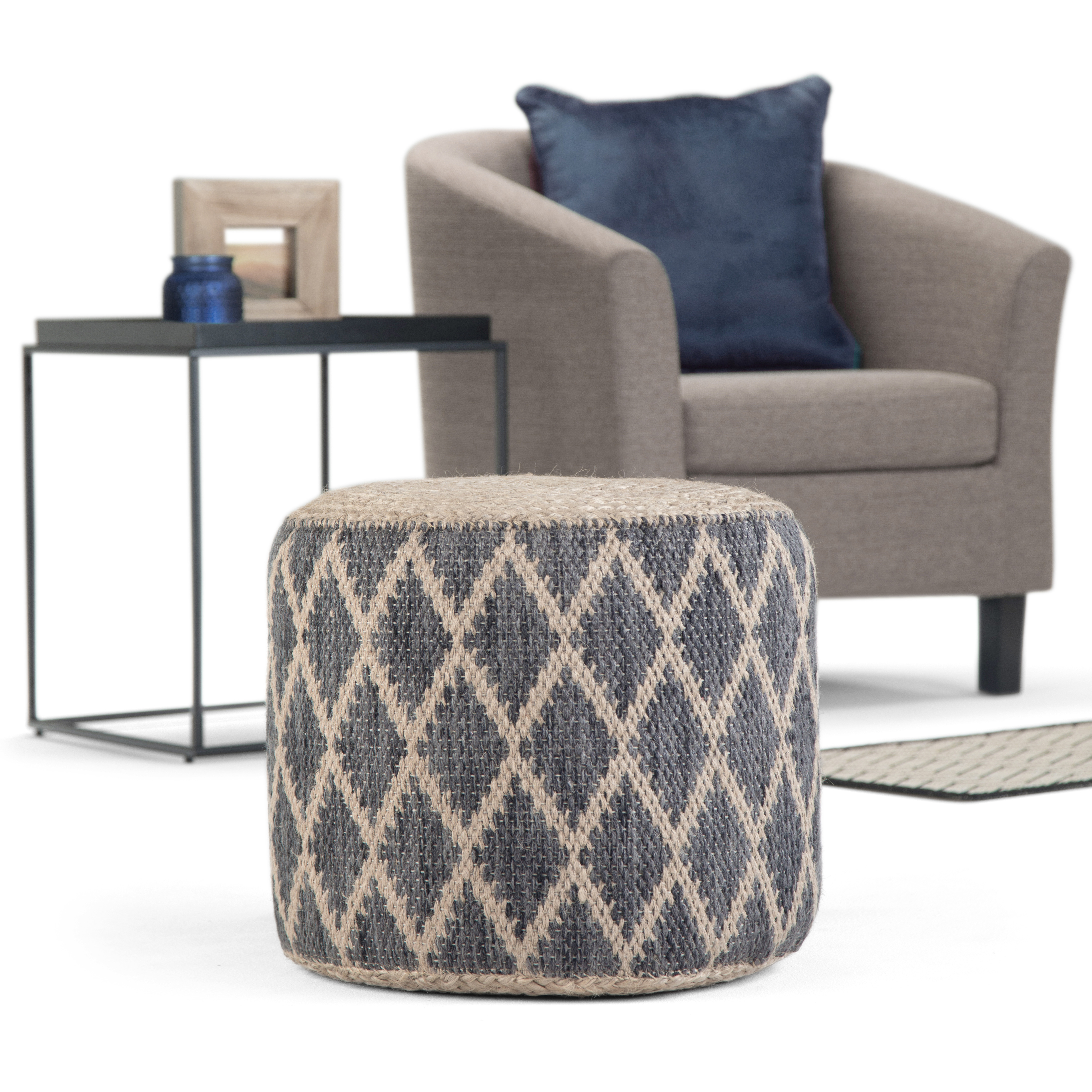 Edgeley Boho Round Pouf in Grey, Natural Woven Braided Jute