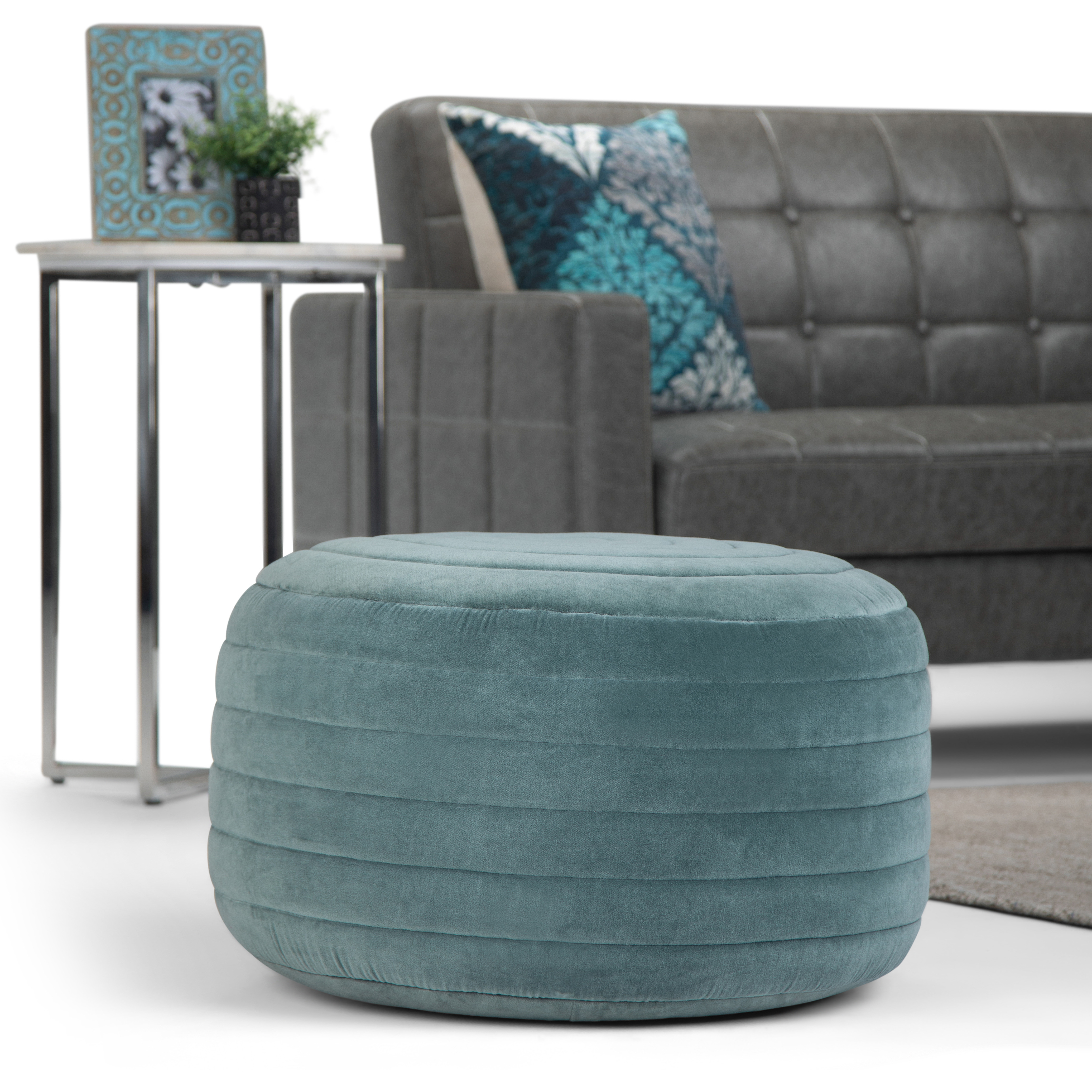Vivienne Boho Round Pouf in Turquoise Velvet Fabric