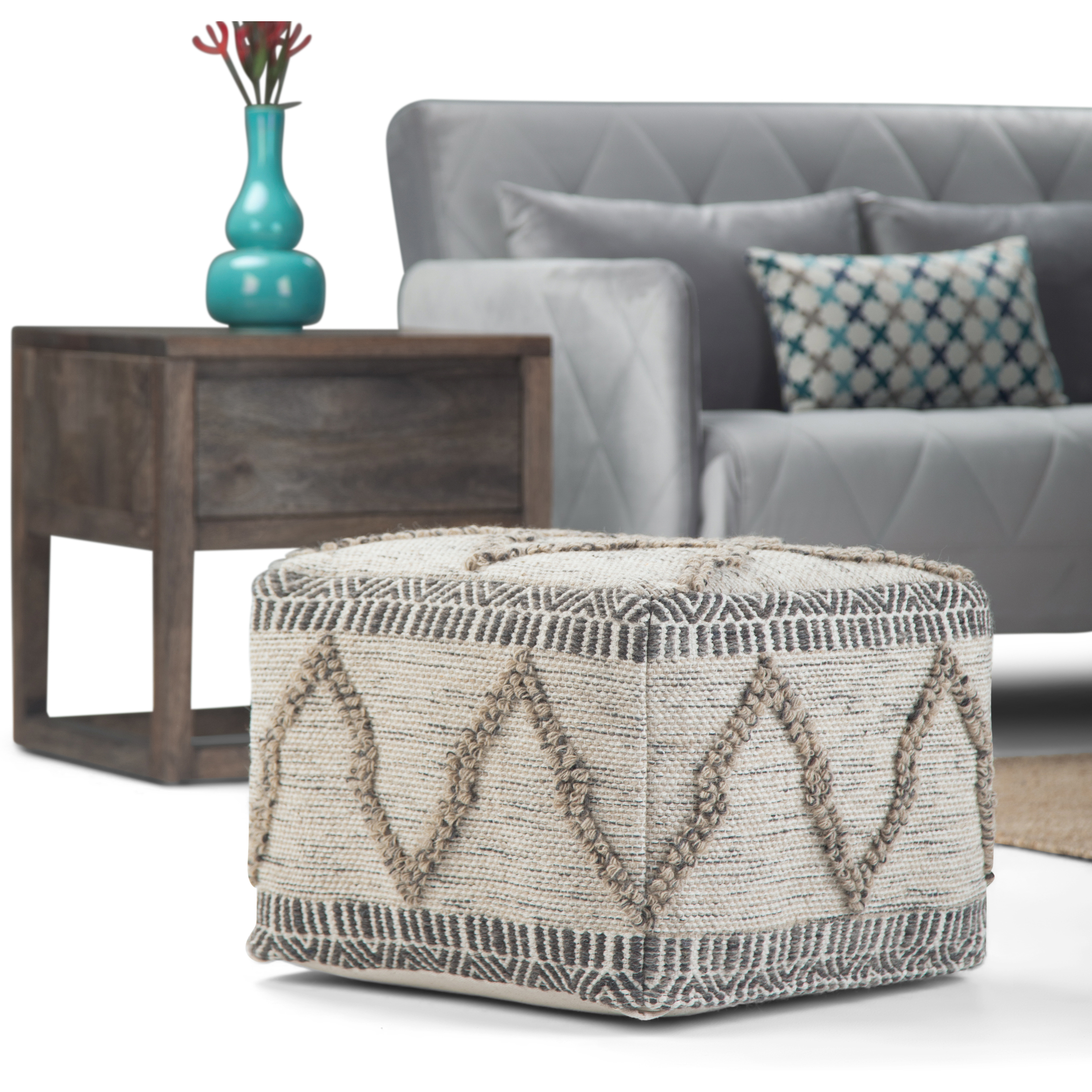 Sweeney Boho Square Pouf in Grey, Natural Handloom Woven Pattern