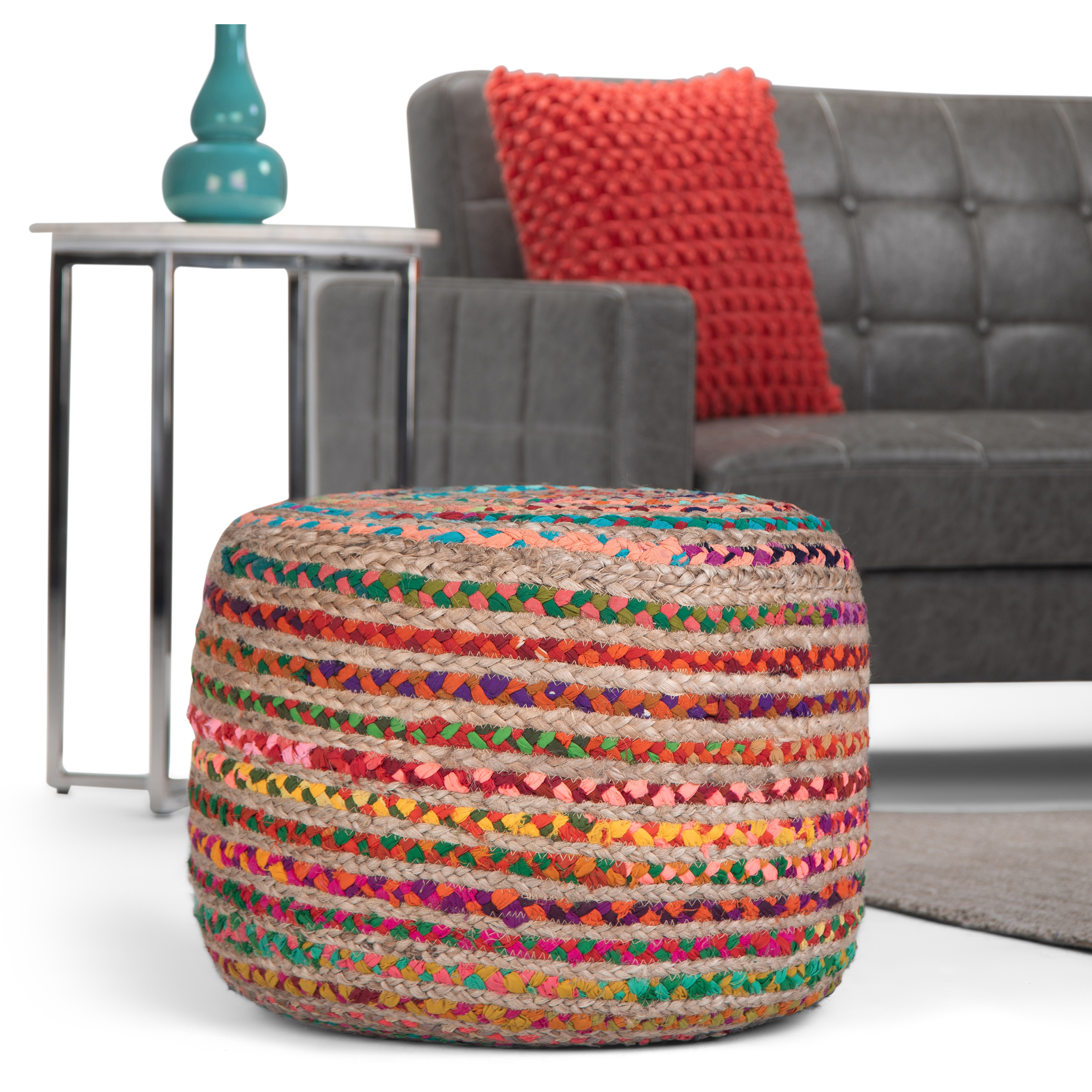Margo Boho Round Pouf in Multi Color Braided Jute