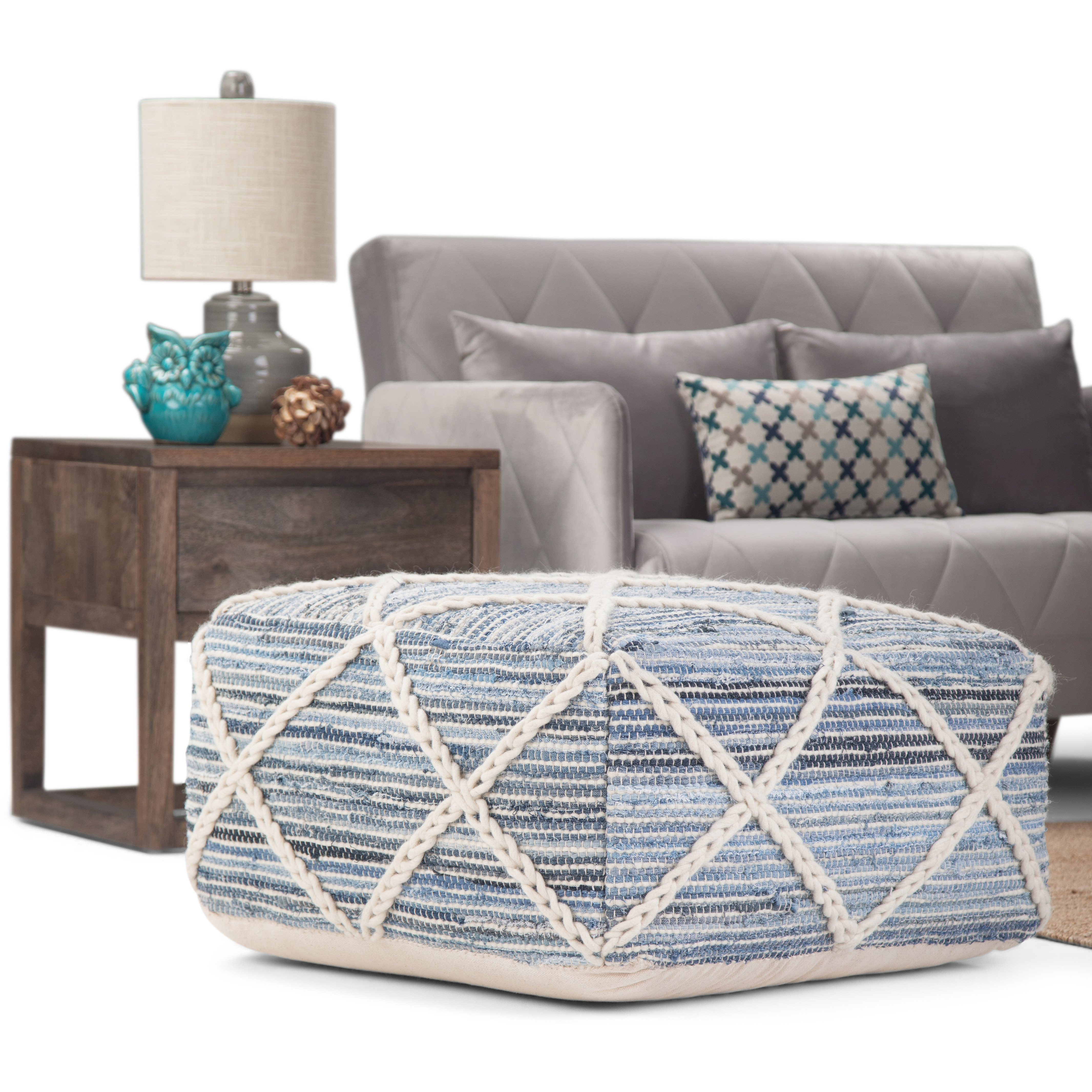 Cowan Boho Square Pouf in Blue, Natural Handloom Woven