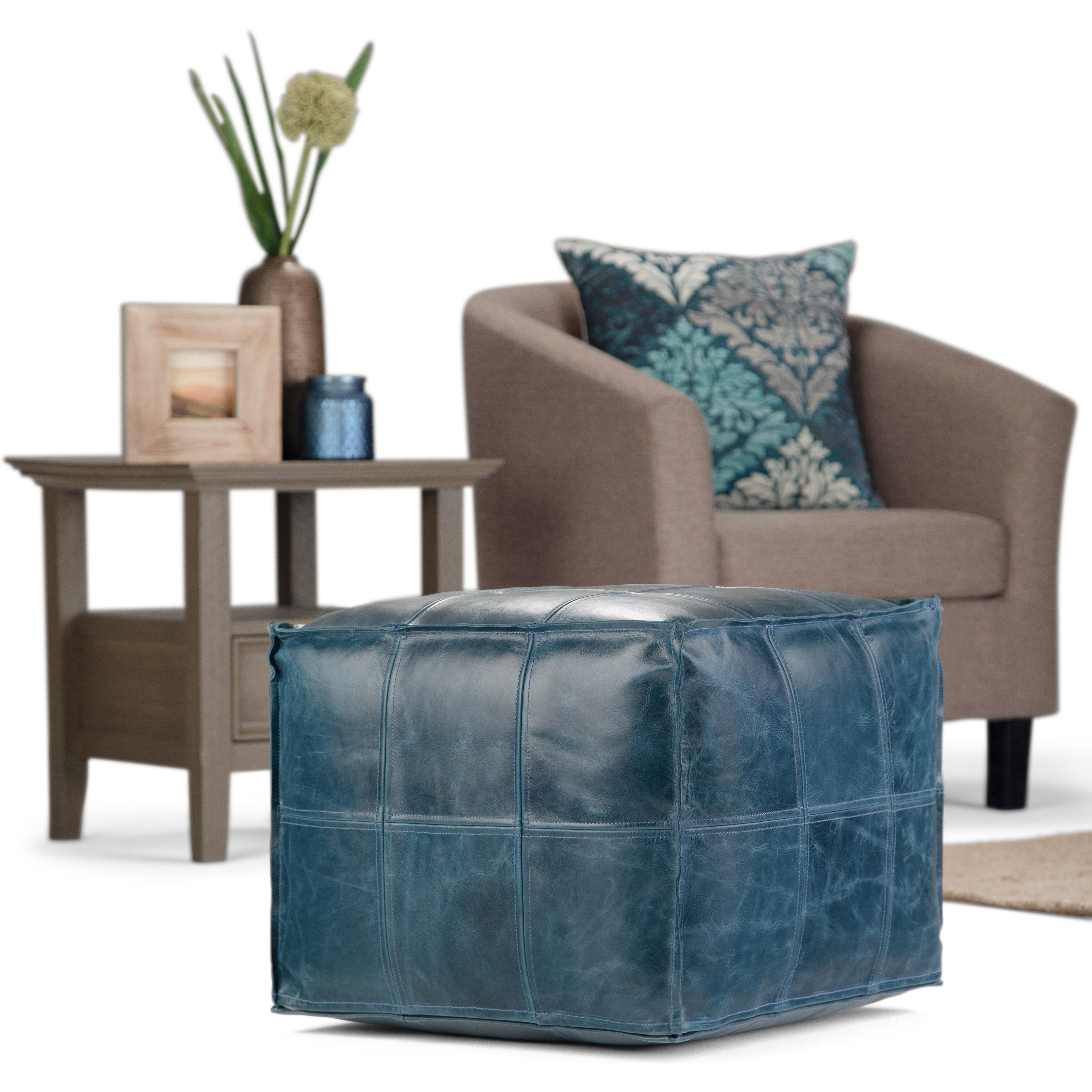 Manning Boho Square Pouf in Teal Genuine Leather