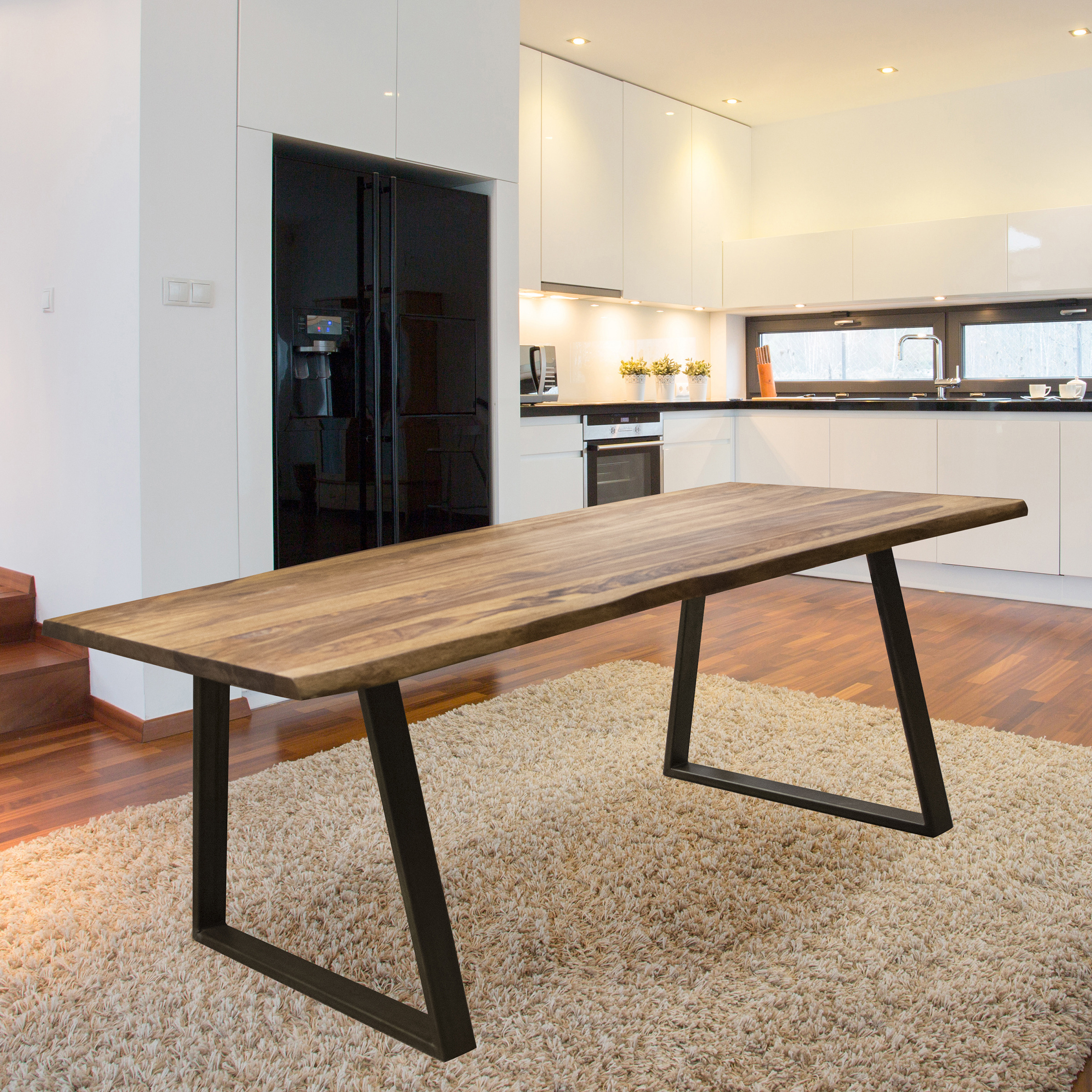 Dining Table 63" x 35" with Rosewood Top and Metal Legs, Seats 4 to 6