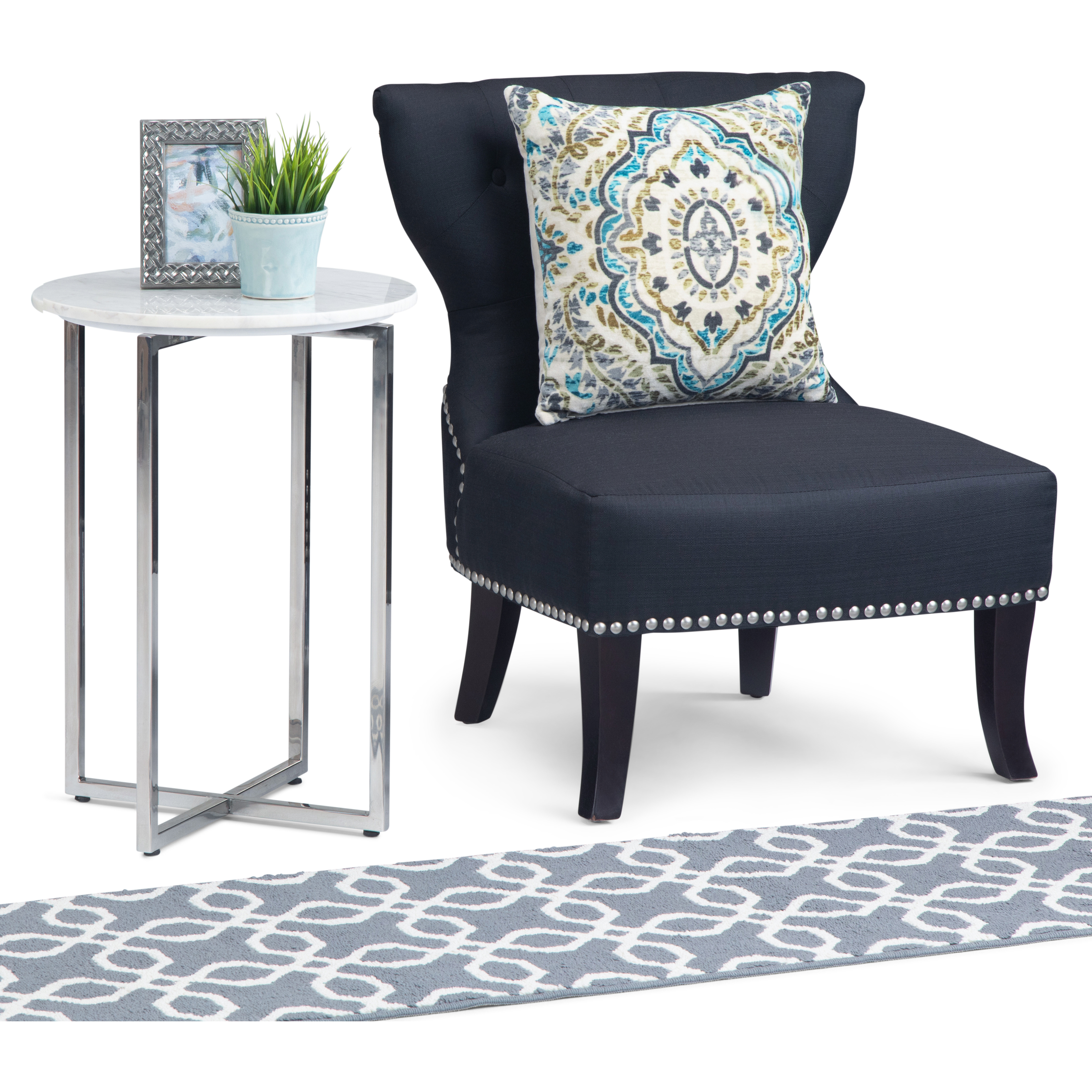 Marsden Modern 18 inch Wide Metal Accent Side Table with Chrome Base in White, Silver