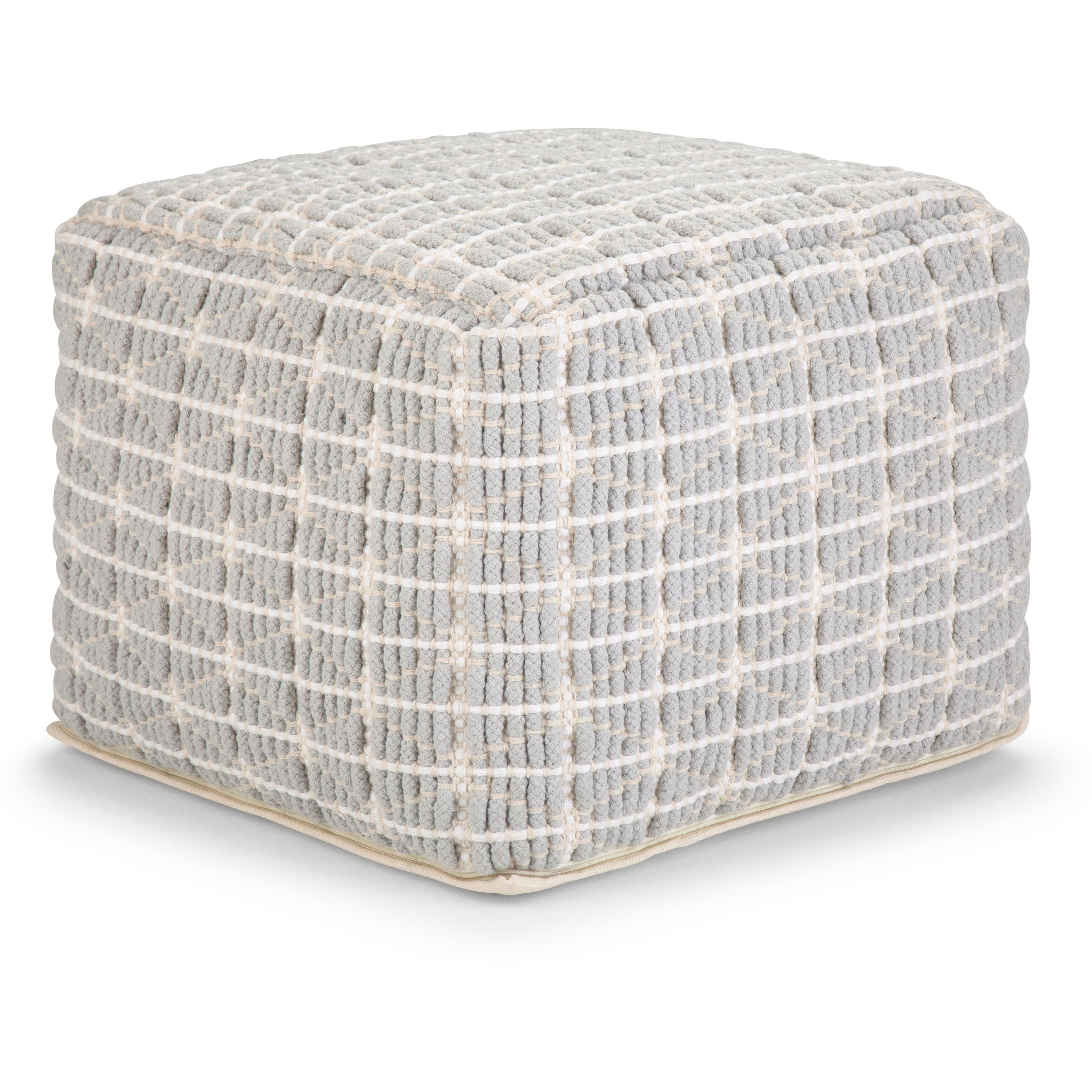 Noreen Boho Square Pouf in Light Blue, White Handloom Woven Pattern