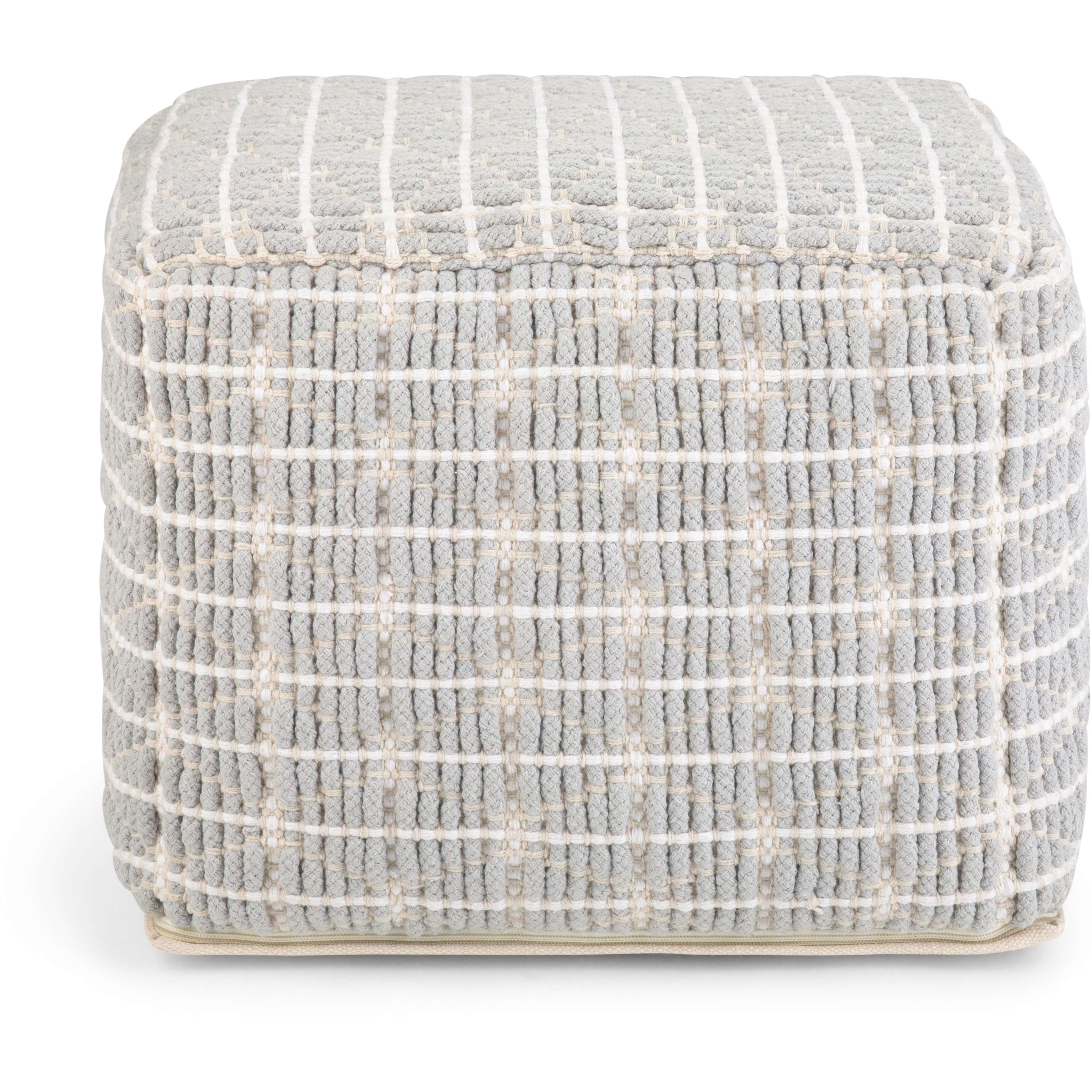 Noreen Boho Square Pouf in Light Blue, White Handloom Woven Pattern