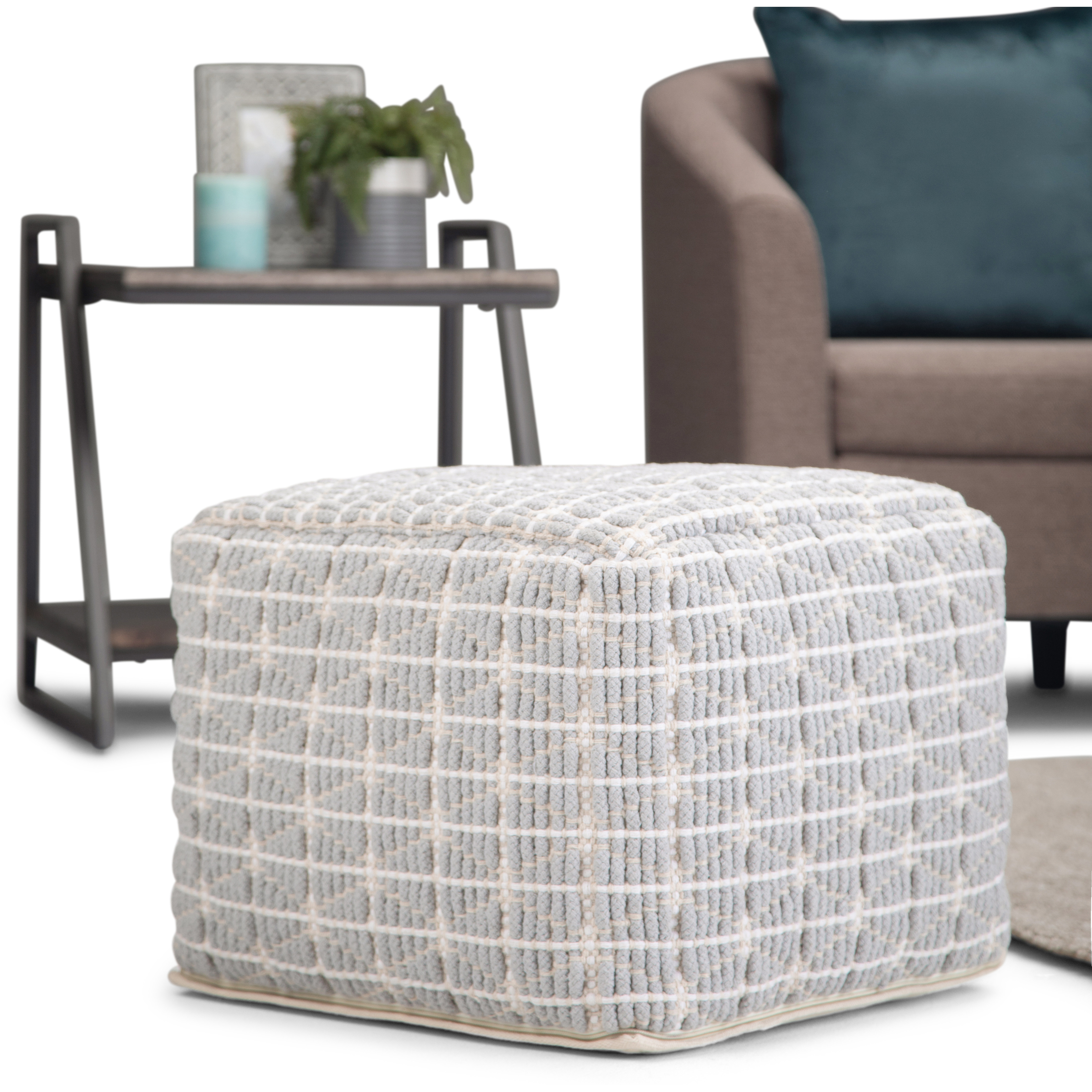 Noreen Boho Square Pouf in Light Blue, White Handloom Woven Pattern