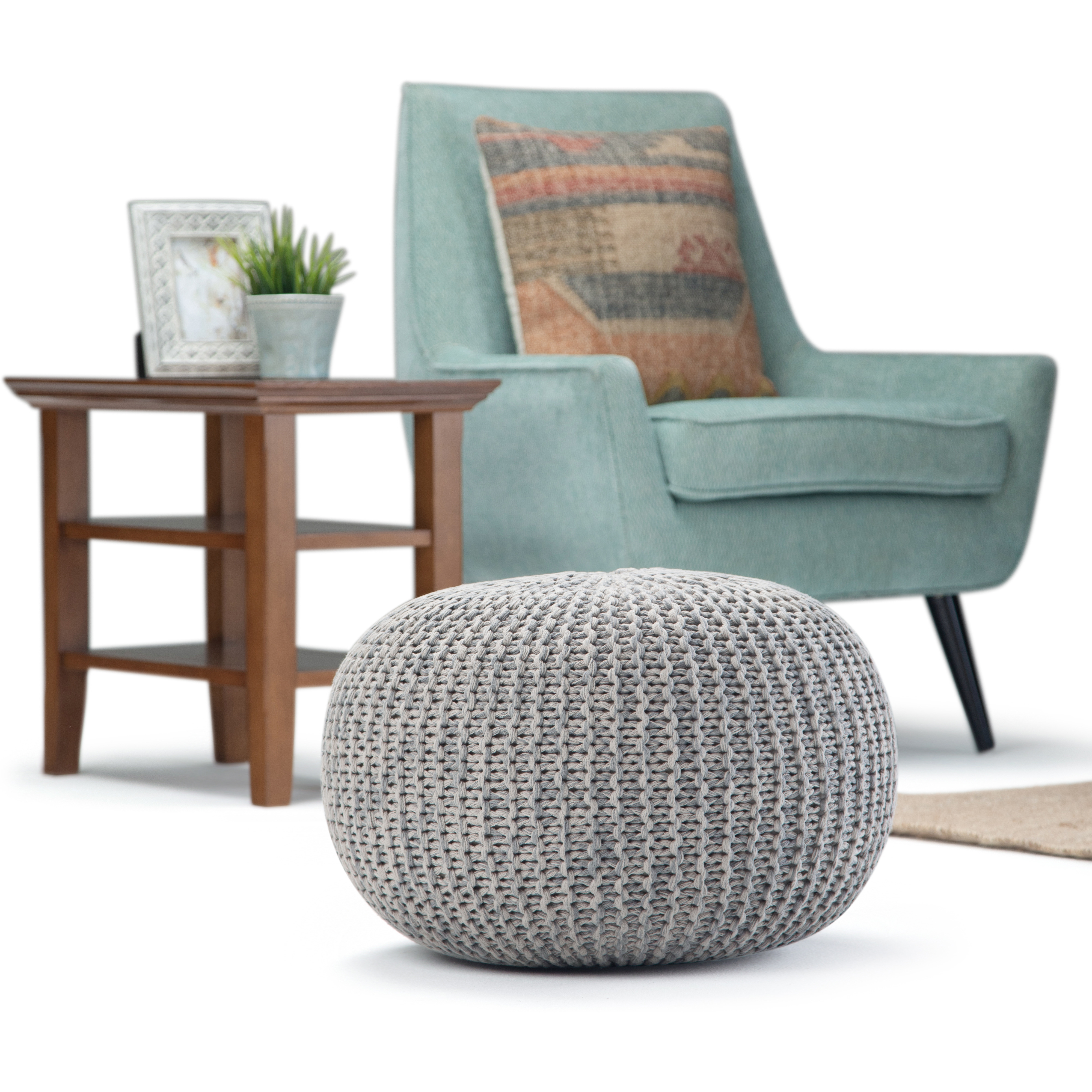 Nikki Boho Round Hand Knit Pouf in Grey Cotton