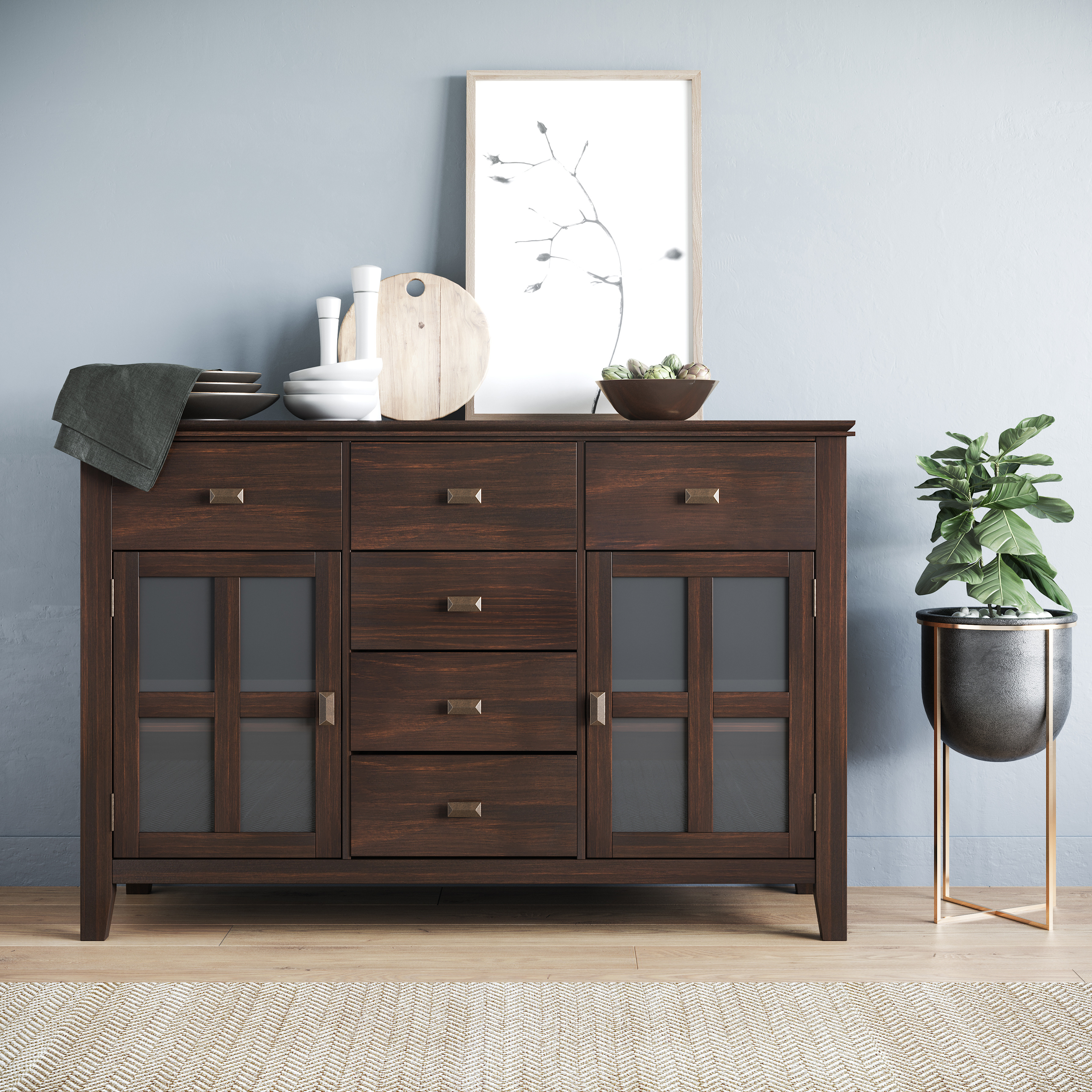 Artisan SOLID WOOD 54 inch Wide Transitional Sideboard Buffet Credenza in Dark Chestnut Brown