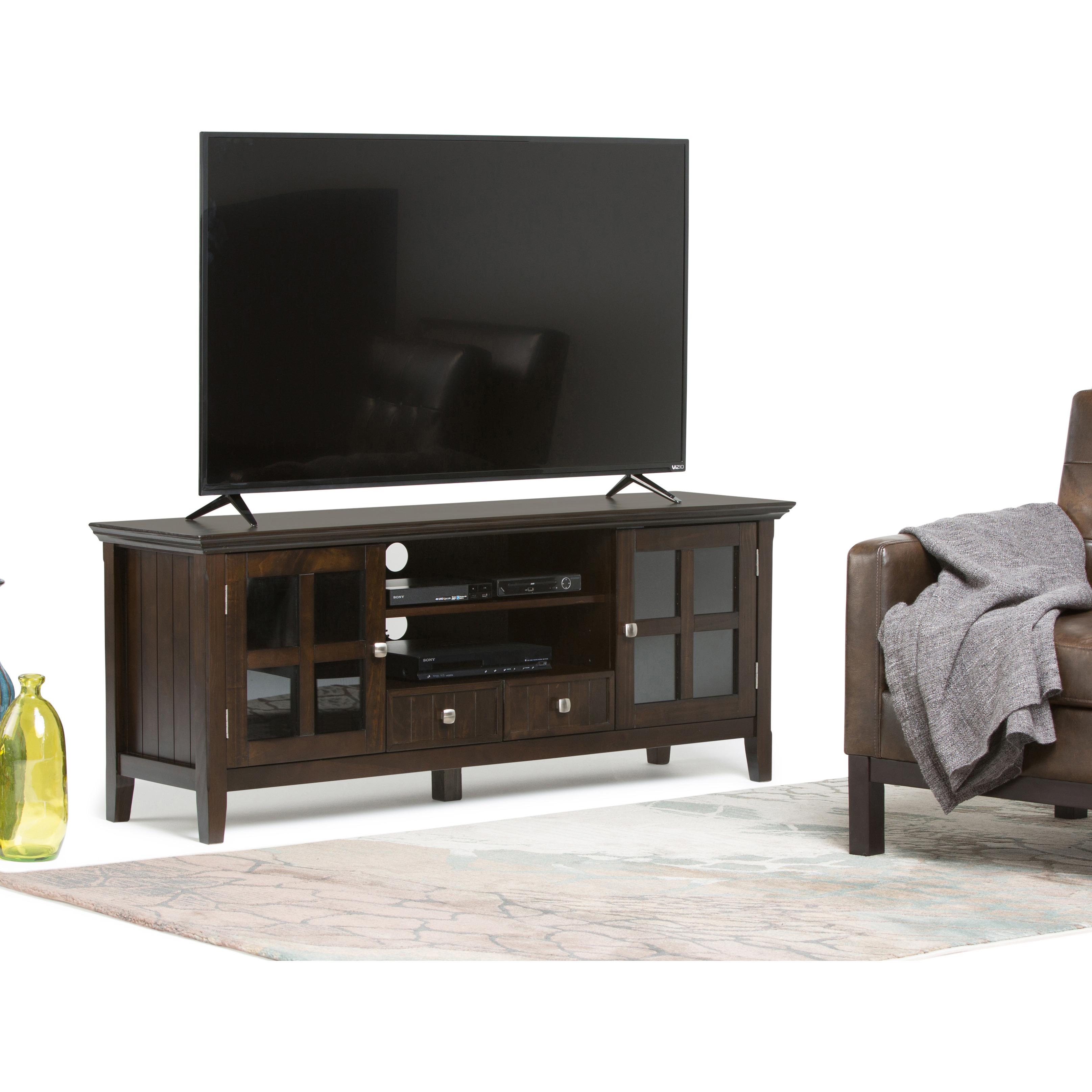 Acadian SOLID WOOD 60 inch Wide Transitional TV Media Stand in Brunette Brown For TVs up to 65 inches