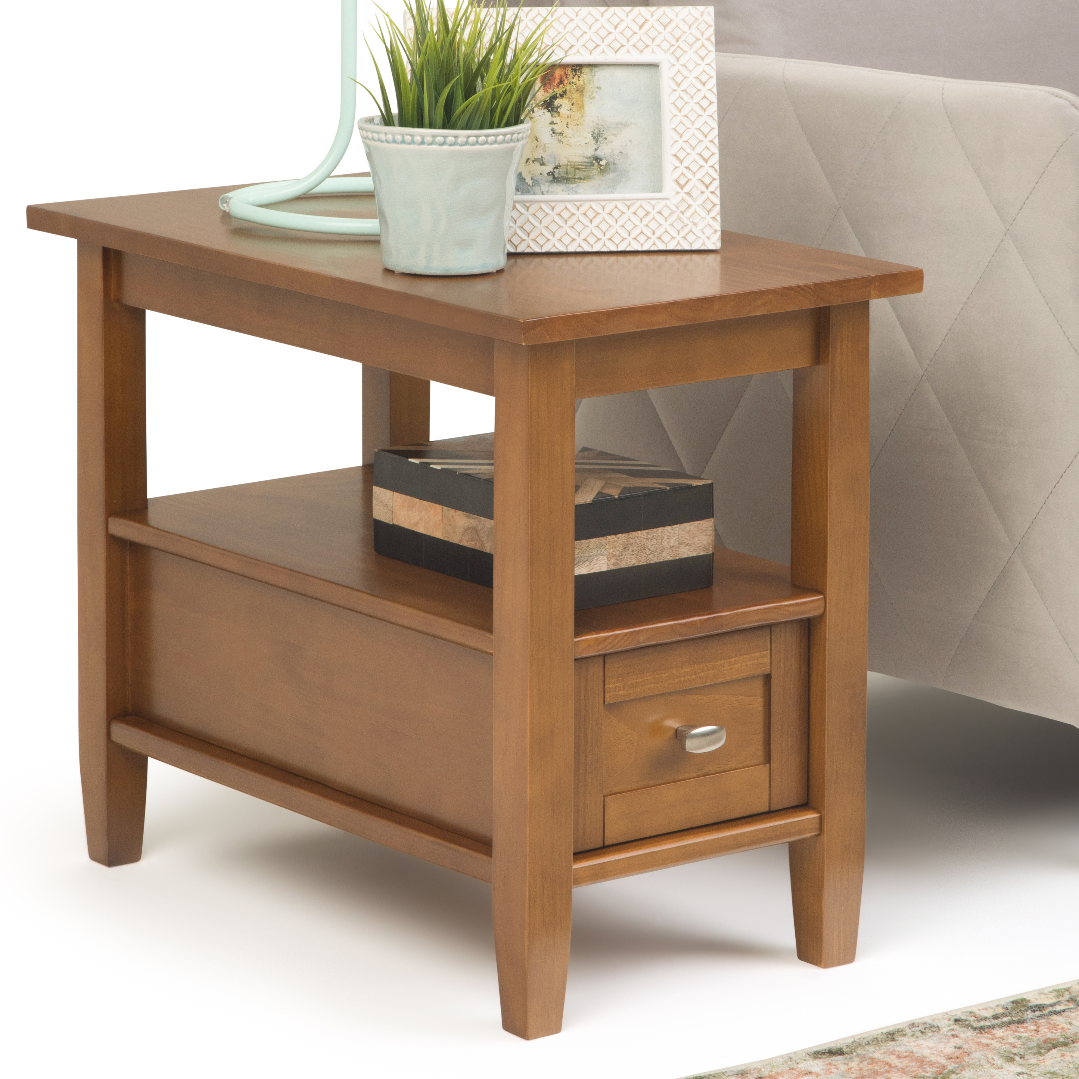 Warm Shaker SOLID WOOD 14 inch Wide Rectangle Transitional Narrow Side Table in Light Golden Brown
