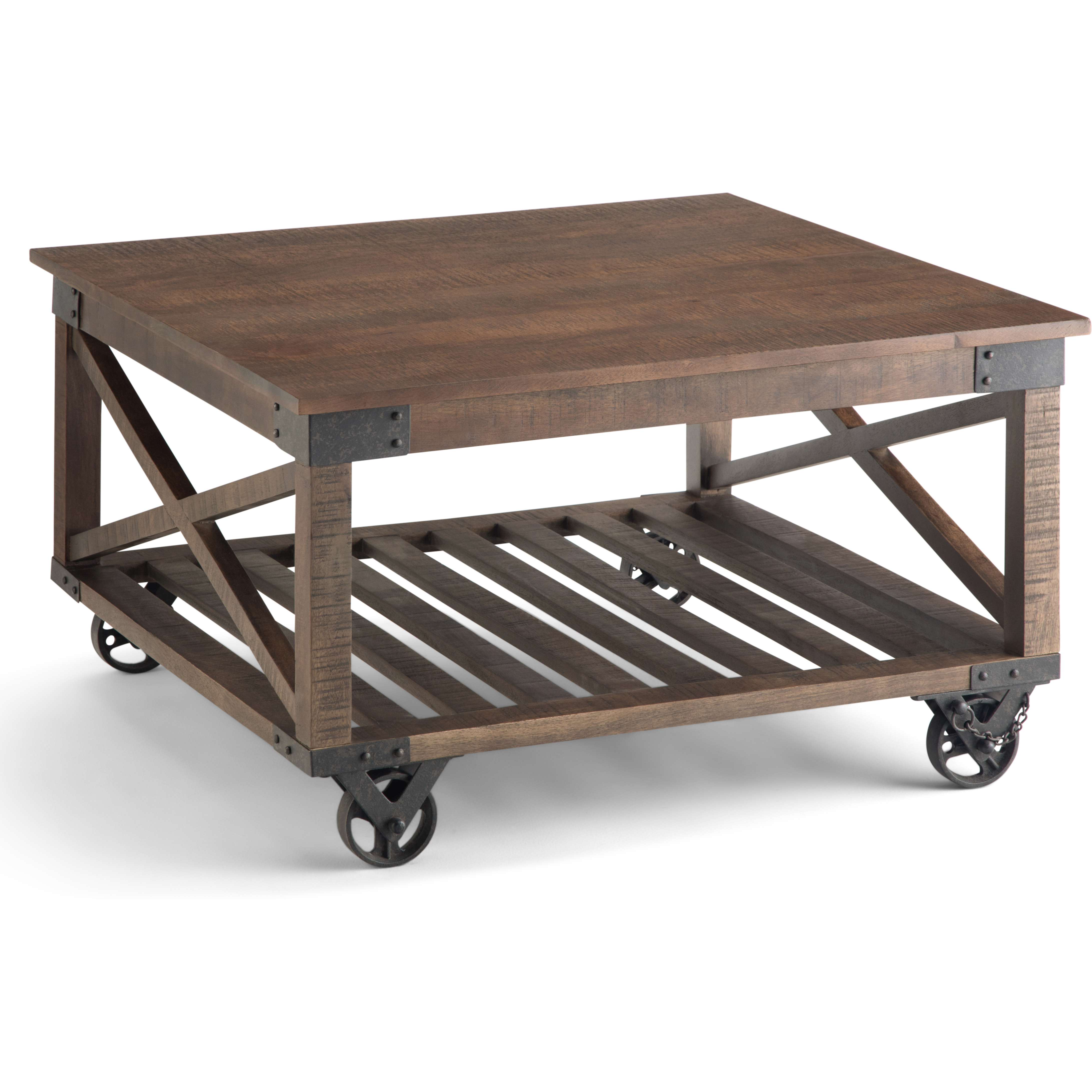 Harding Solid Mango Wood and Metal 32 inch Wide Square Industrial Coffee Table in Distressed Dark Brown