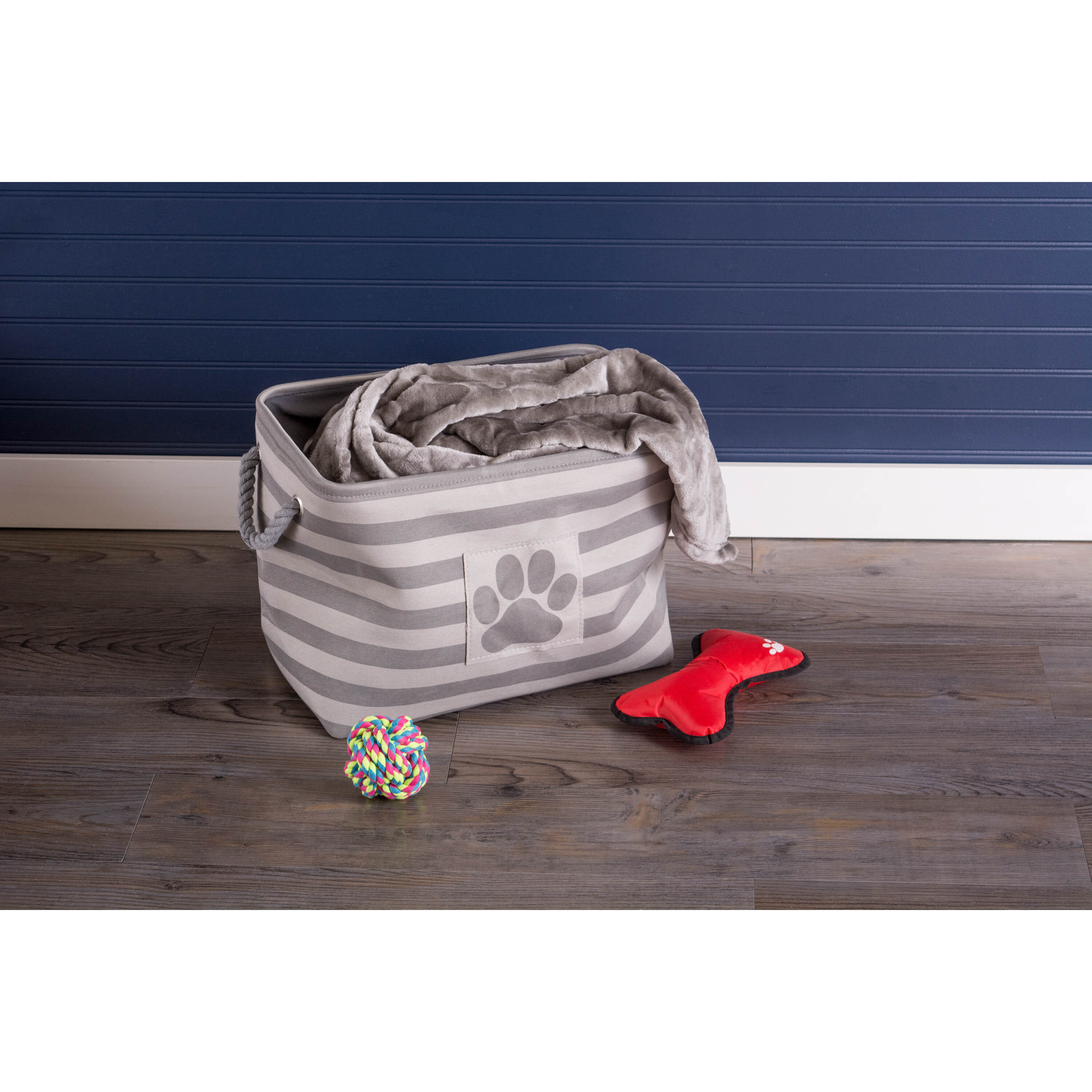 DII Polyester Pet Bin Stripe With Paw Patch Gray Rectangle Medium