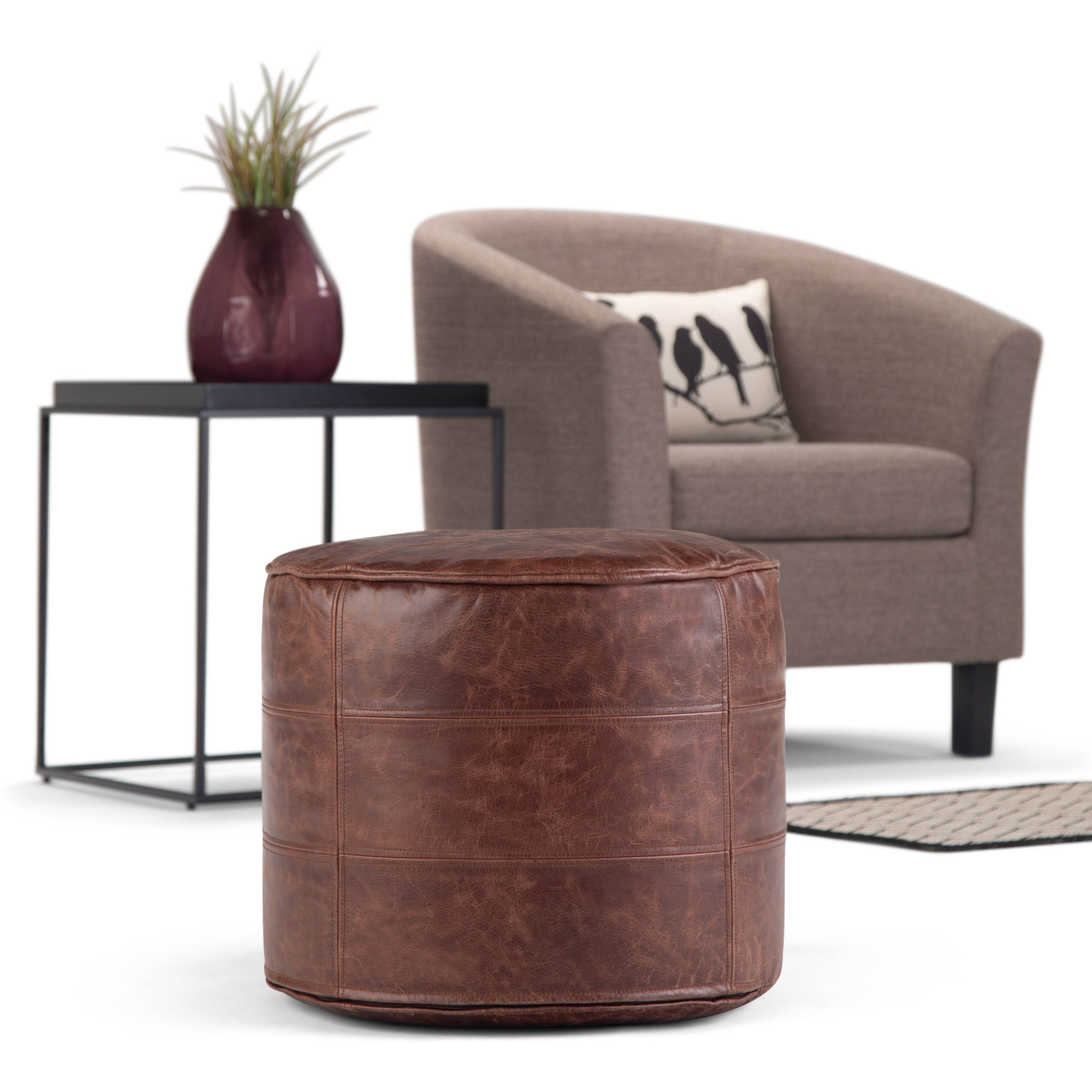 Connor Boho Round Pouf in Distressed Brown Genuine Leather
