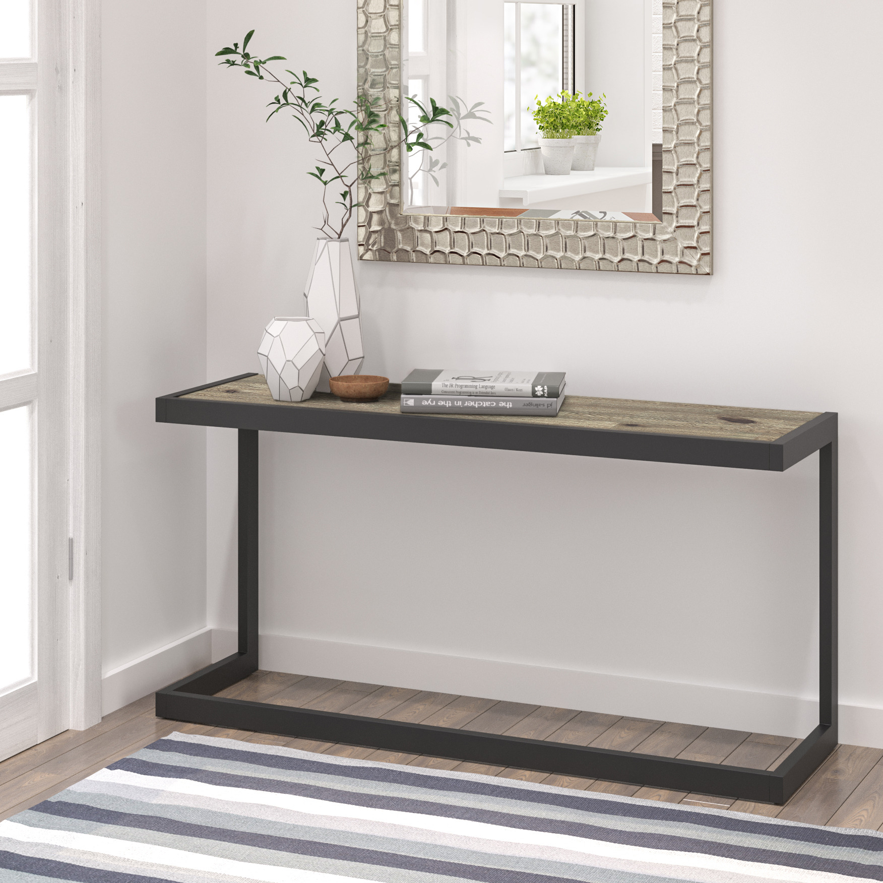 Erina SOLID ACACIA WOOD and Metal 52 inch Wide Industrial Console Sofa Table in Distressed Grey