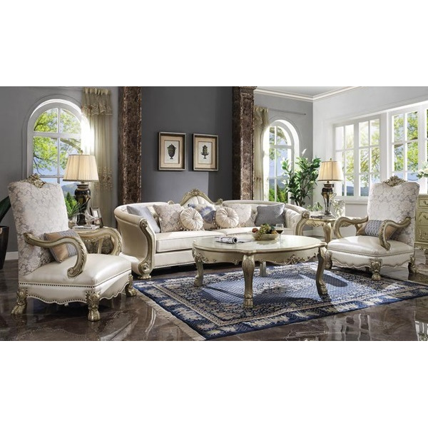 Accent Chair w/1 Pillow - Pearl PU/Fabric & Gold Patina Yantian