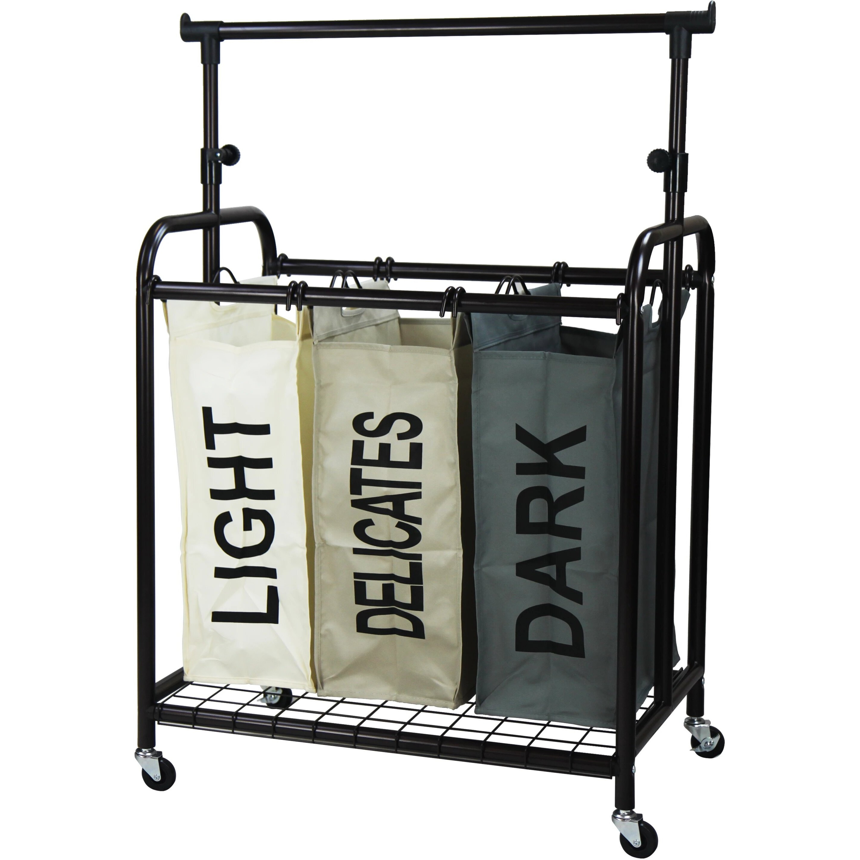 Oceanstar 3-Bag Rolling Laundry Sorter with Adjustable Hanging Bar, Color