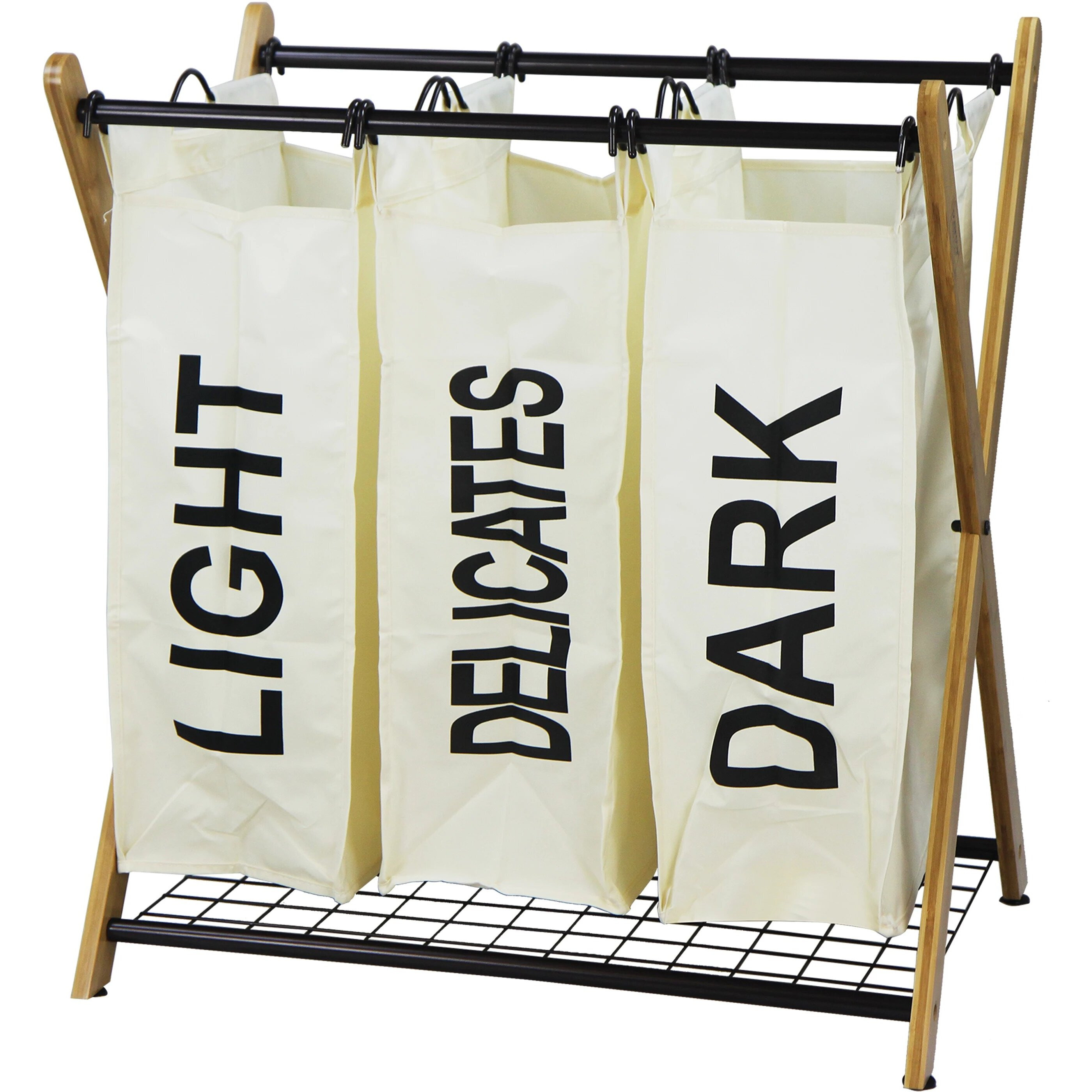 Oceanstar X-Frame Bamboo 3-Bag Laundry Sorter, White