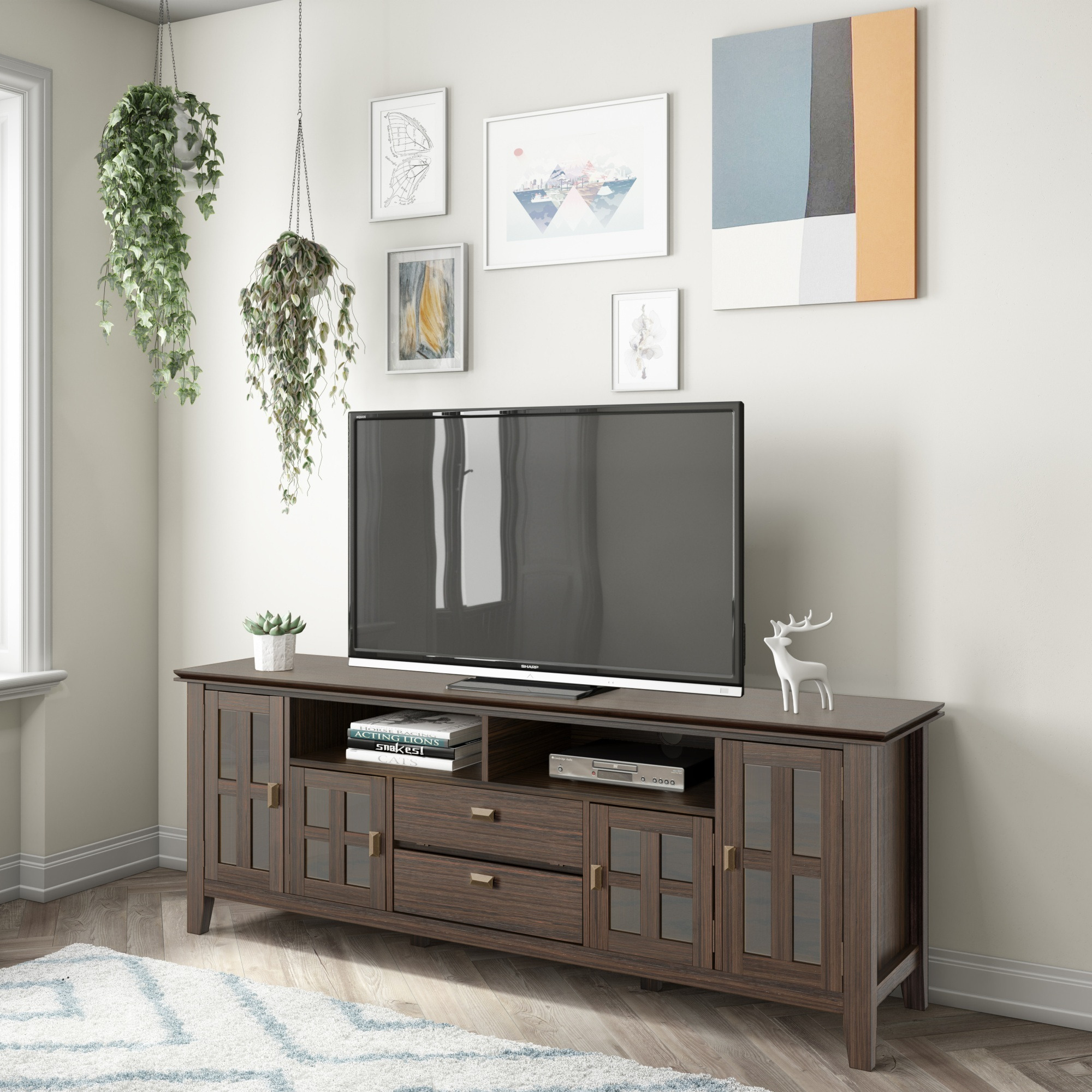 Artisan SOLID WOOD 72 inch Wide Transitional TV Media Stand in Farmhouse Brown For TVs up to 80 inches