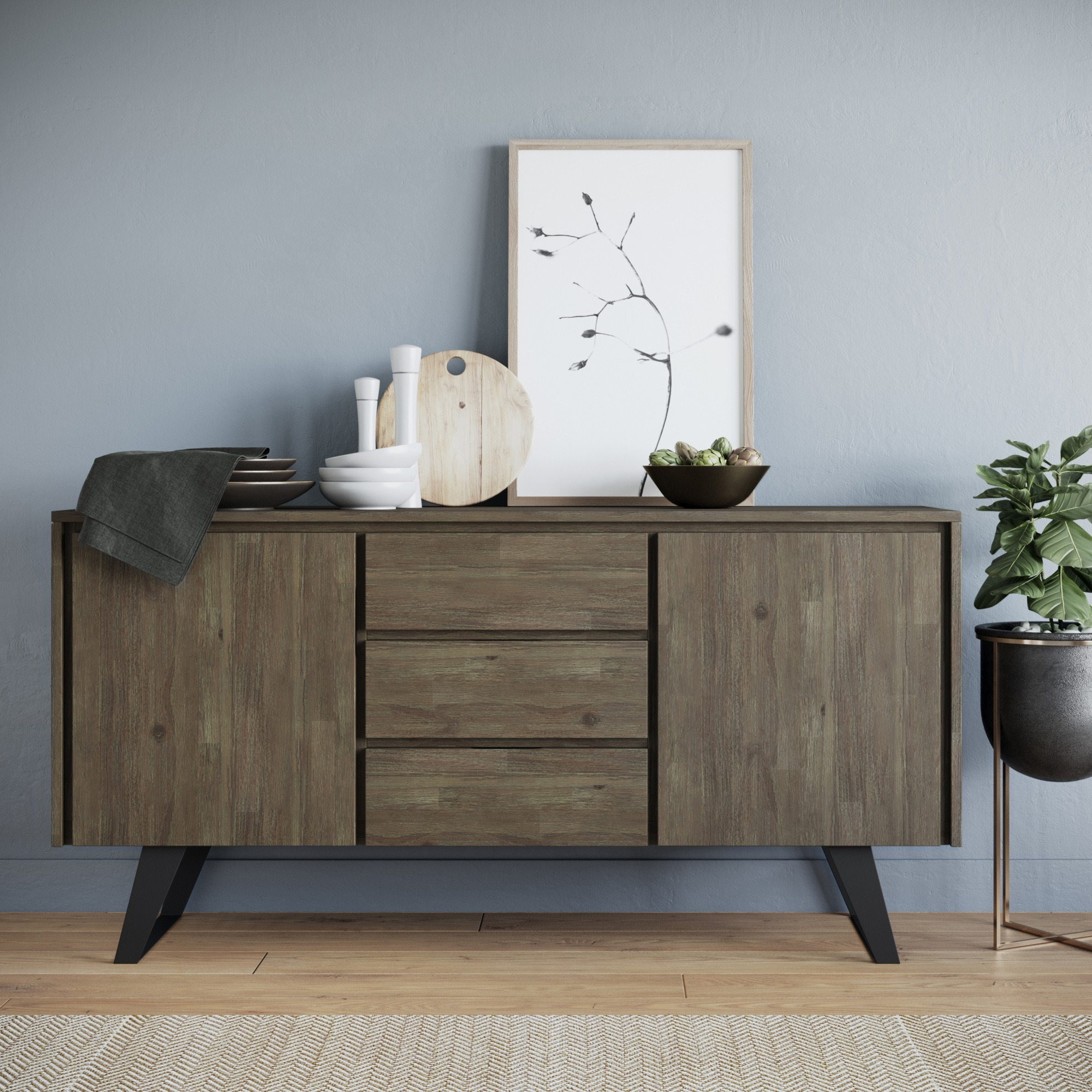 Lowry Solid Acacia Wood & Metal 60 in W Sideboard Buffet - Distressed Grey