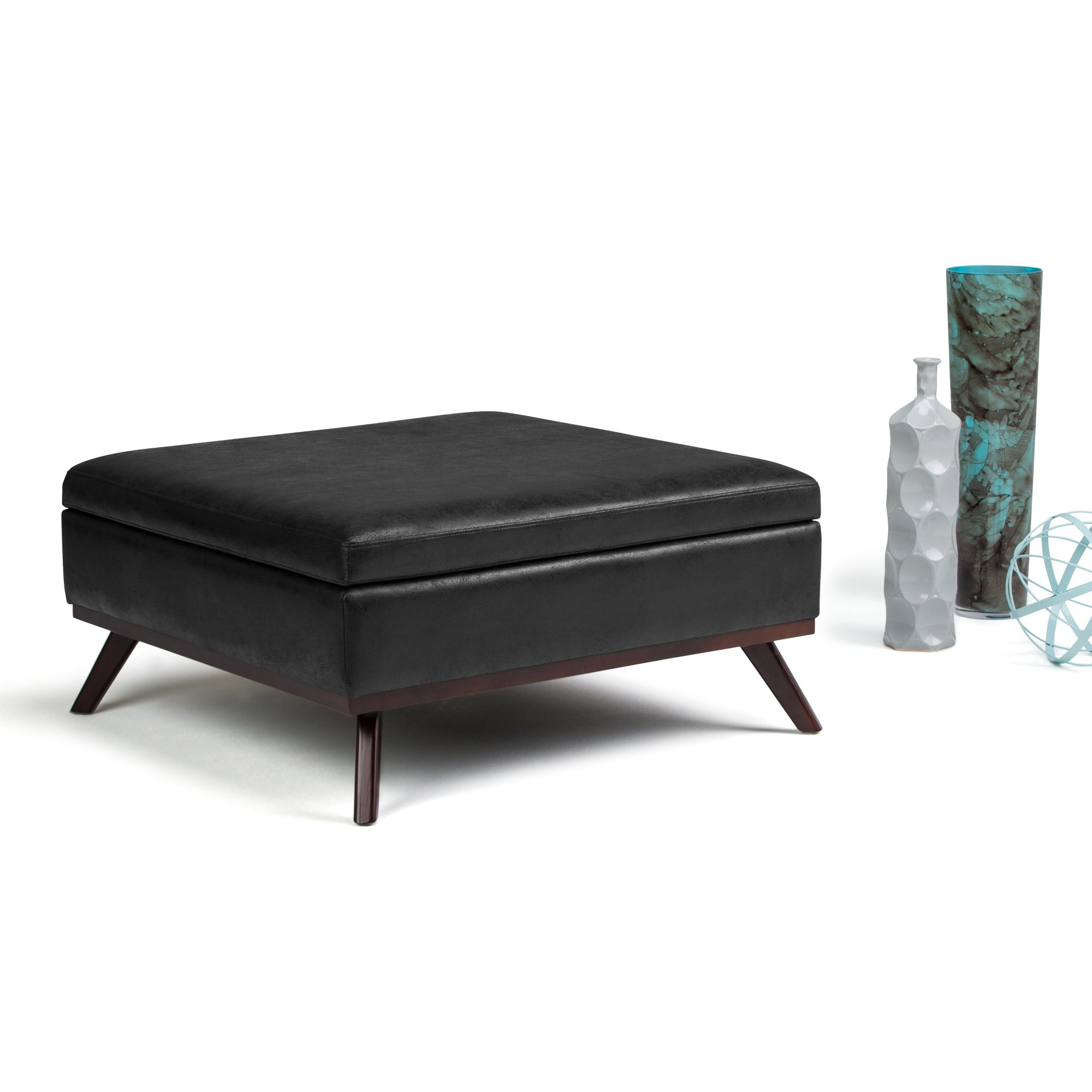 Owen 36 in Wide Square Square Coffee Table Storage Ottoman - Distressed Black