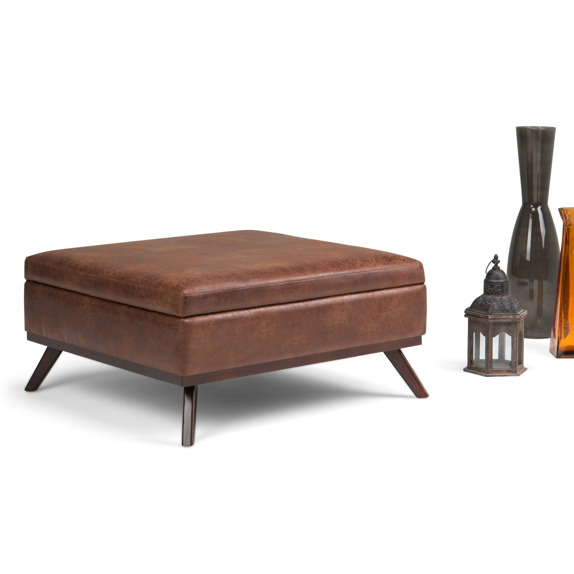 Owen 36 in Wide Square Square Coffee Table Storage Ottoman - Distressed Saddle Brown