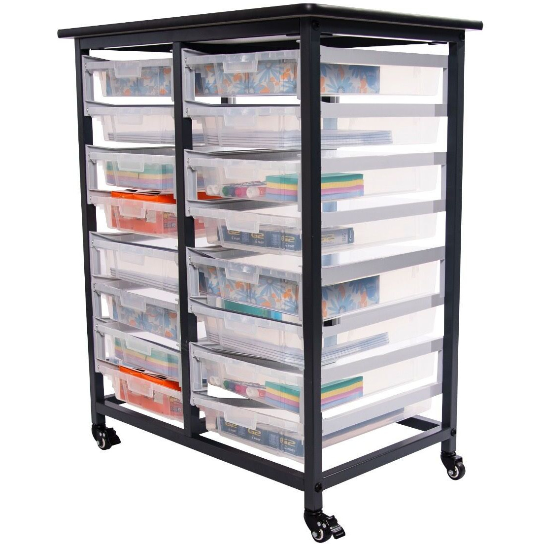 Mobile Bin Storage Unit - Double Row with Small Clear Bins