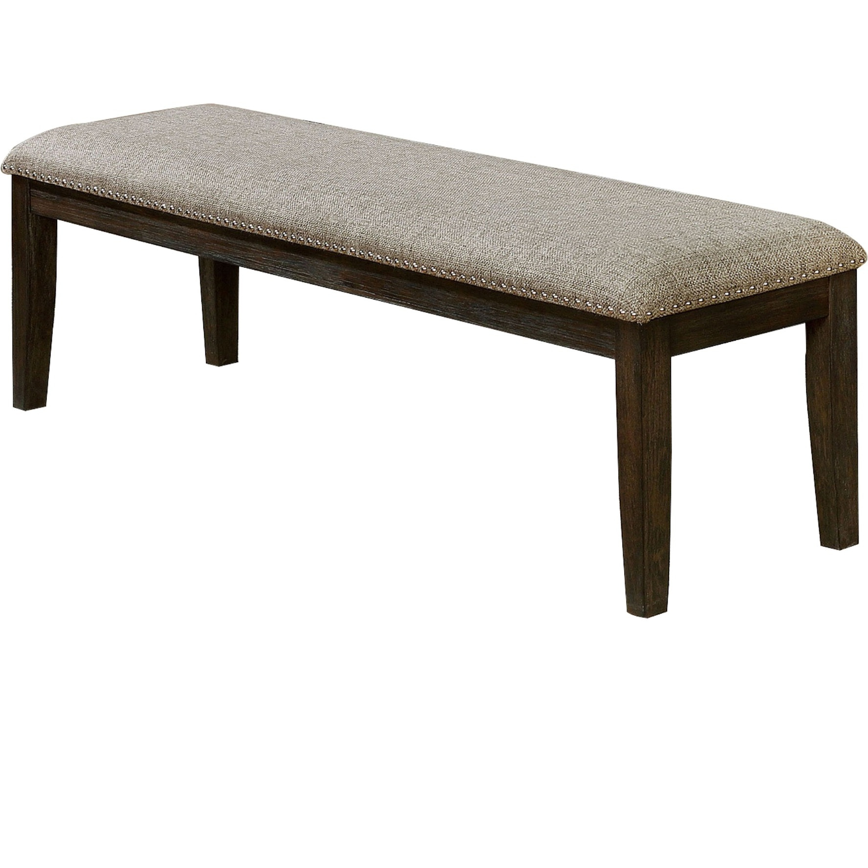 Fabric Upholstered Bench with Nailhead Trim and Tapered Legs, Gray and Espresso