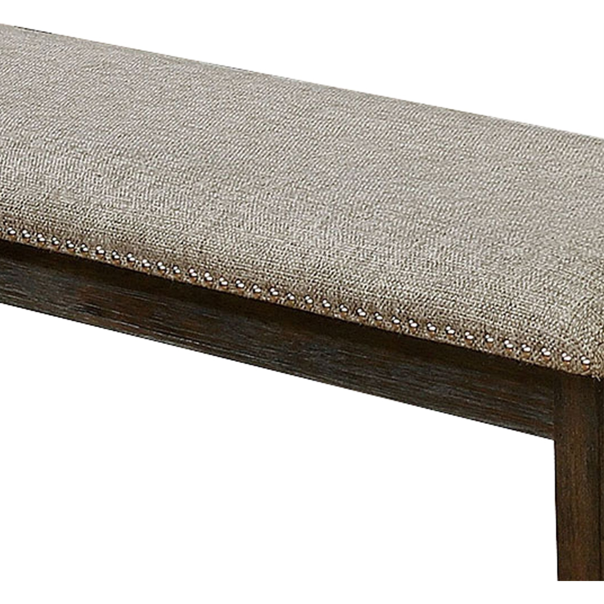 Fabric Upholstered Bench with Nailhead Trim and Tapered Legs, Gray and Espresso