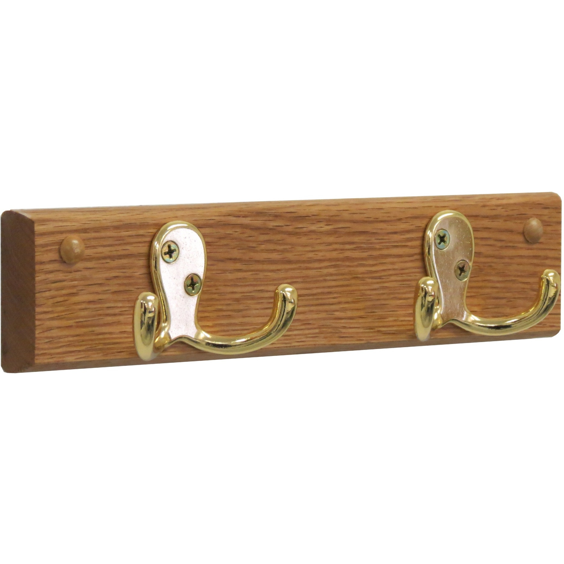 Wooden Mallet 2 Double Prong Hook Rail/Coat Rack, Brass Hooks, Light Oak