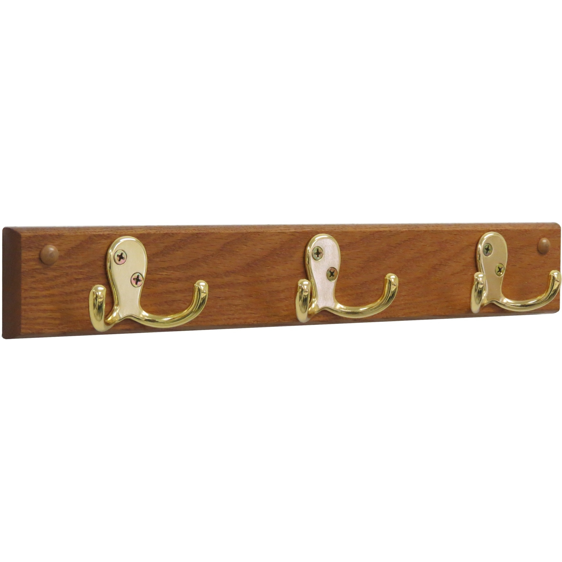 Wooden Mallet 3 Double Prong Hook Rail/Coat Rack, Brass Hooks, Medium Oak