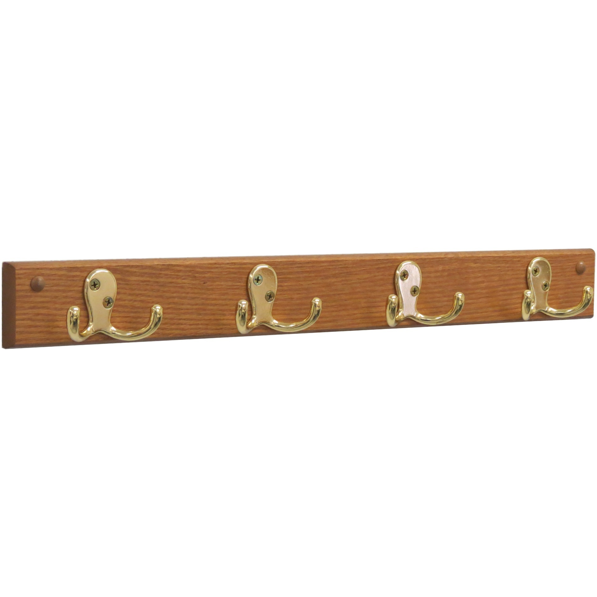 Wooden Mallet 4 Double Prong Hook Rail/Coat Rack, Brass Hooks, Medium Oak