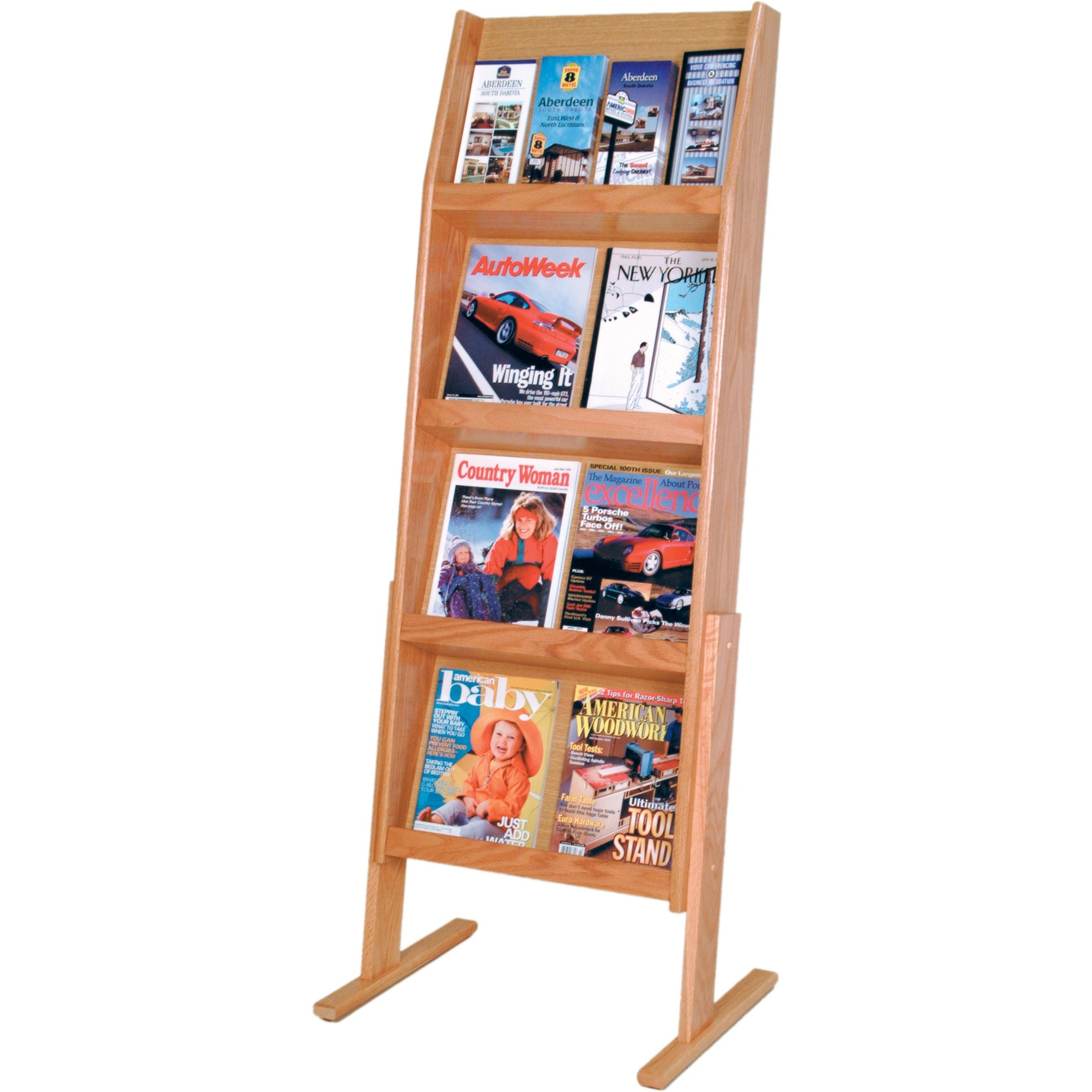 Wooden Mallet Slope 16 Pocket Standing Literature Display, 4Hx4W, Light Oak