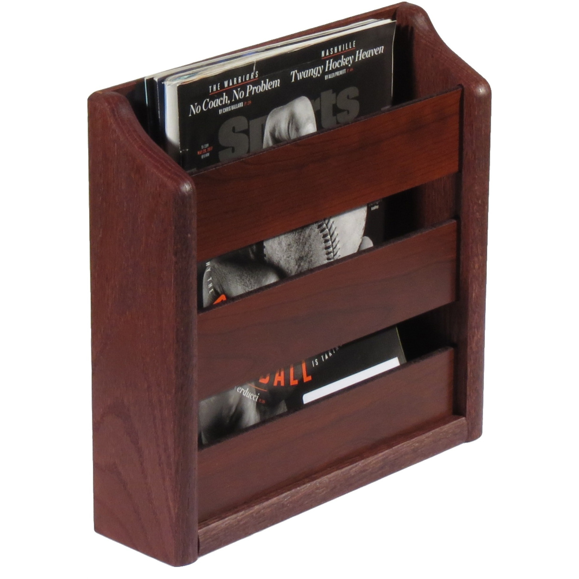 Wooden Mallet Oak Magazine Rack, Wall Mount or Tabletop, Mahogany
