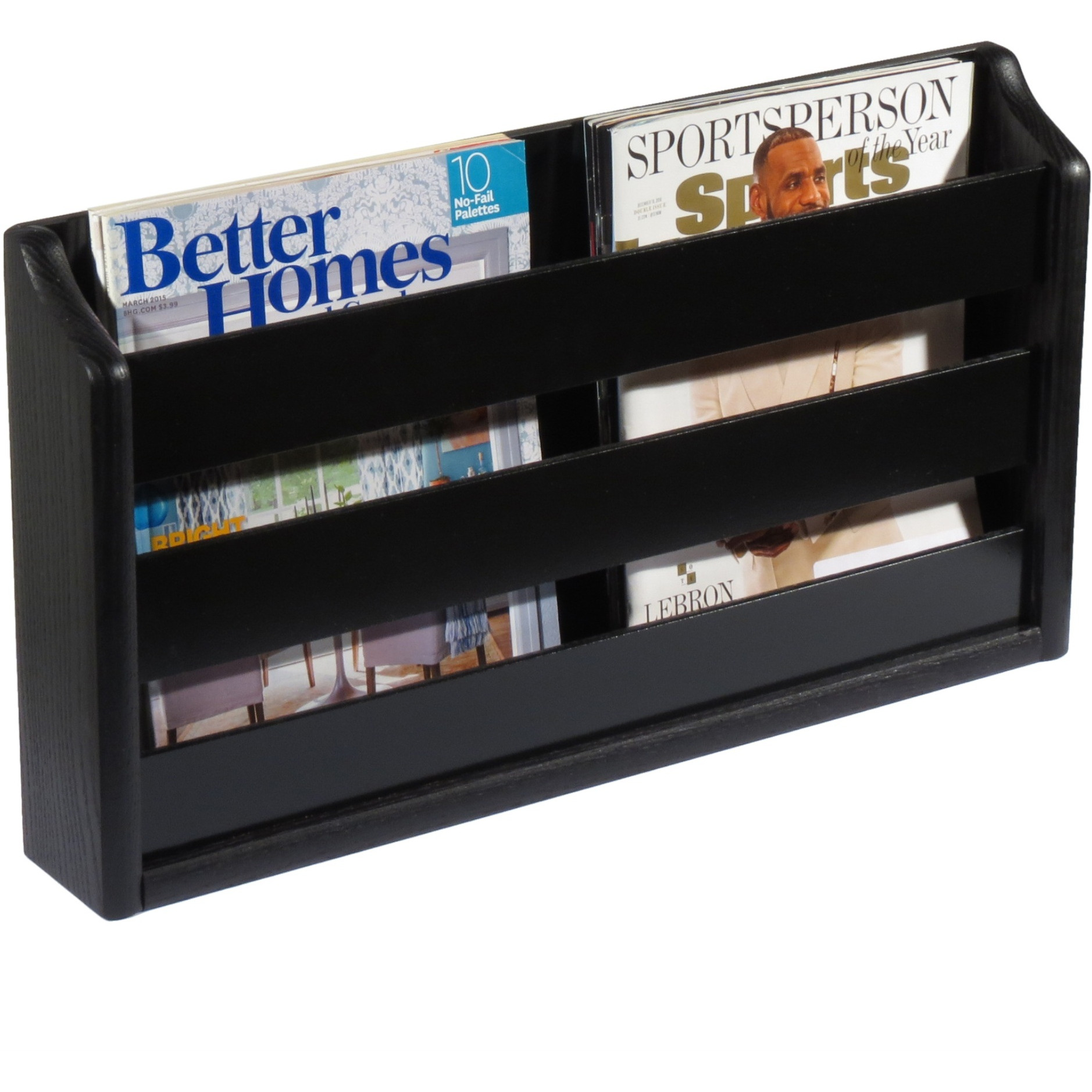 Wooden Mallet Doublewide Oak Magazine Rack, Wall Mount or Tabletop, Black