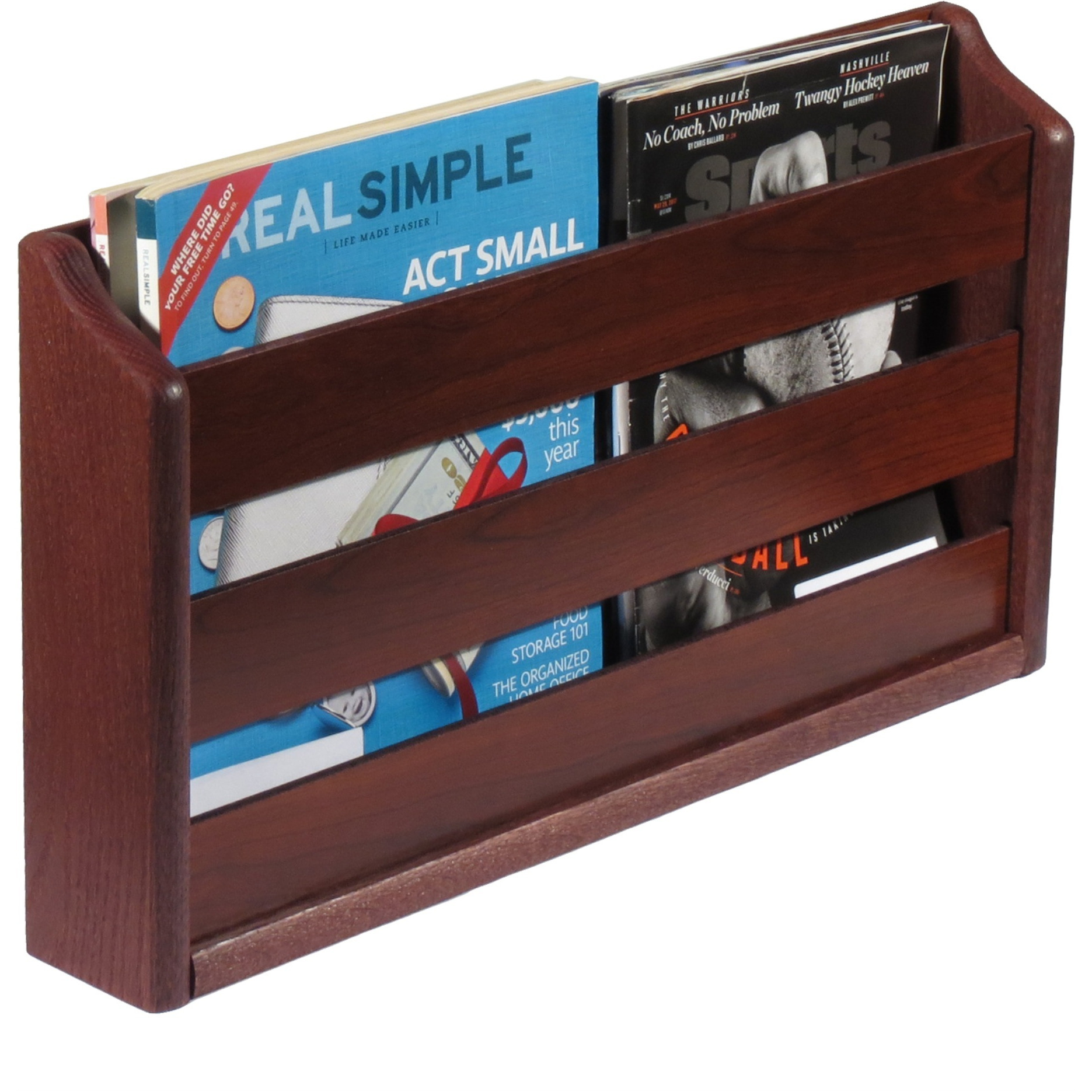 Wooden Mallet Doublewide Oak Magazine Rack, Wall Mount or Tabletop, Mahogany