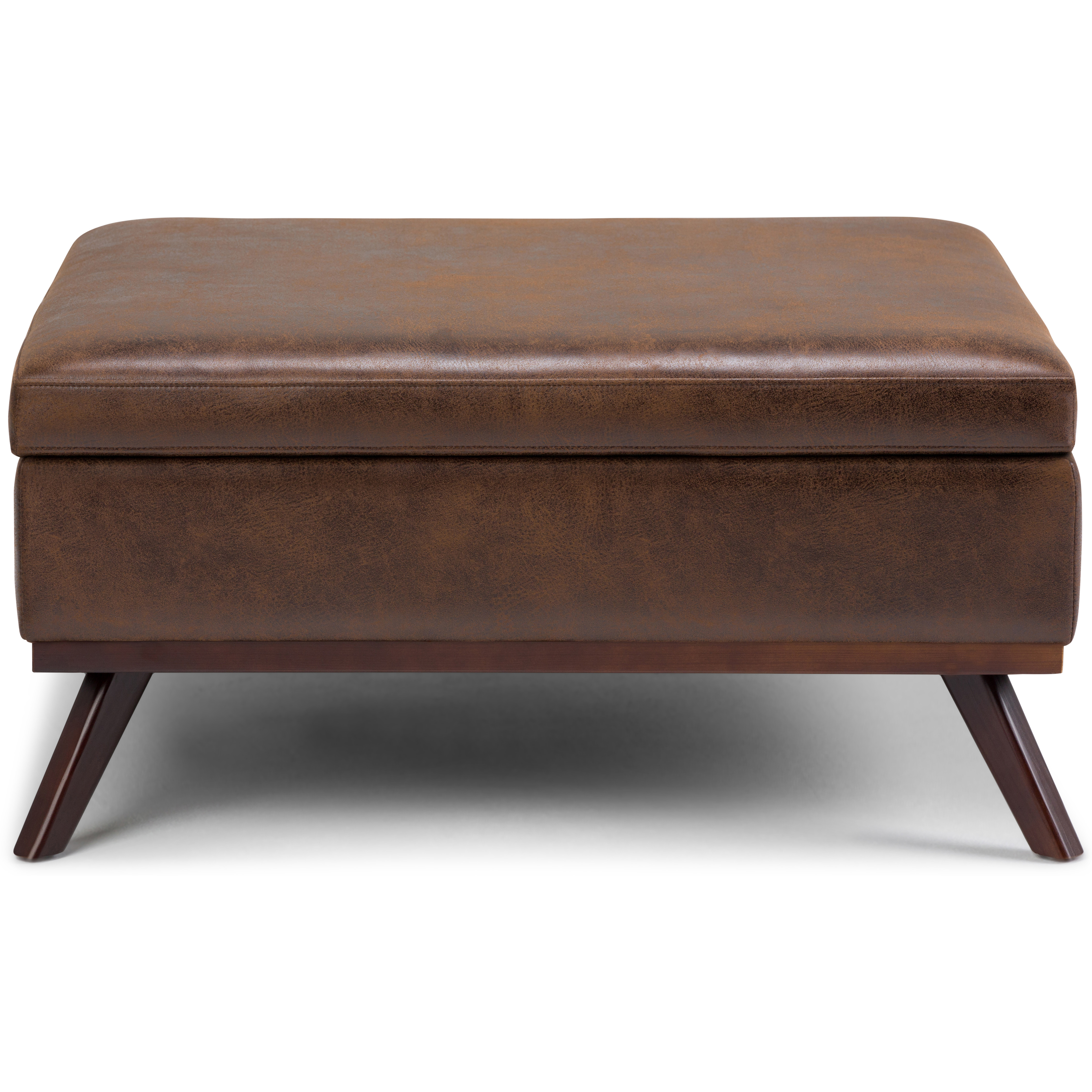 Owen Square Coffee Table Storage Ottoman in Distressed Chestnut Brown Faux Air Leather