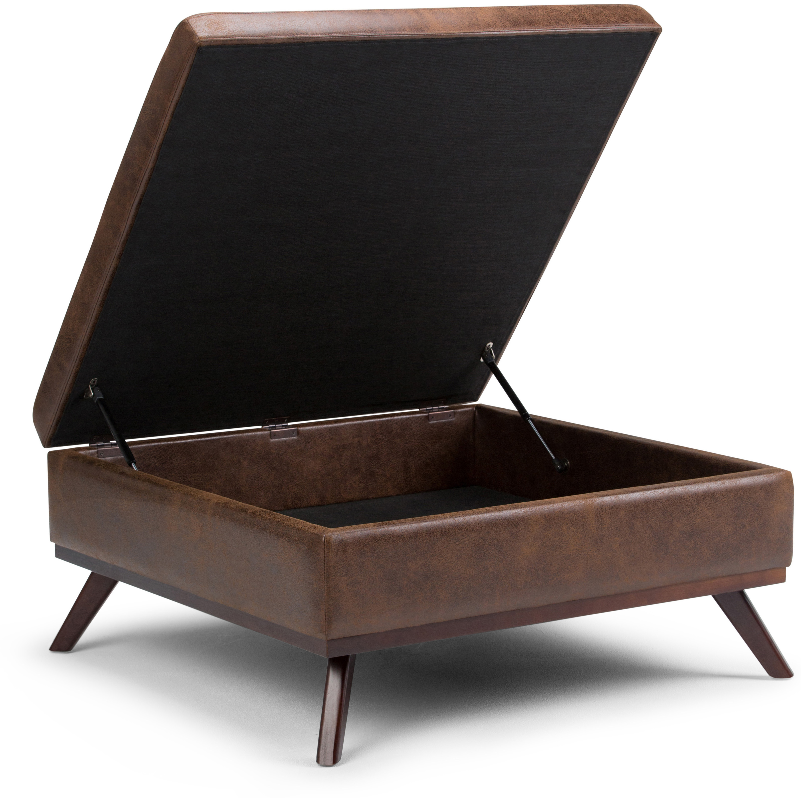 Owen Square Coffee Table Storage Ottoman in Distressed Chestnut Brown Faux Air Leather
