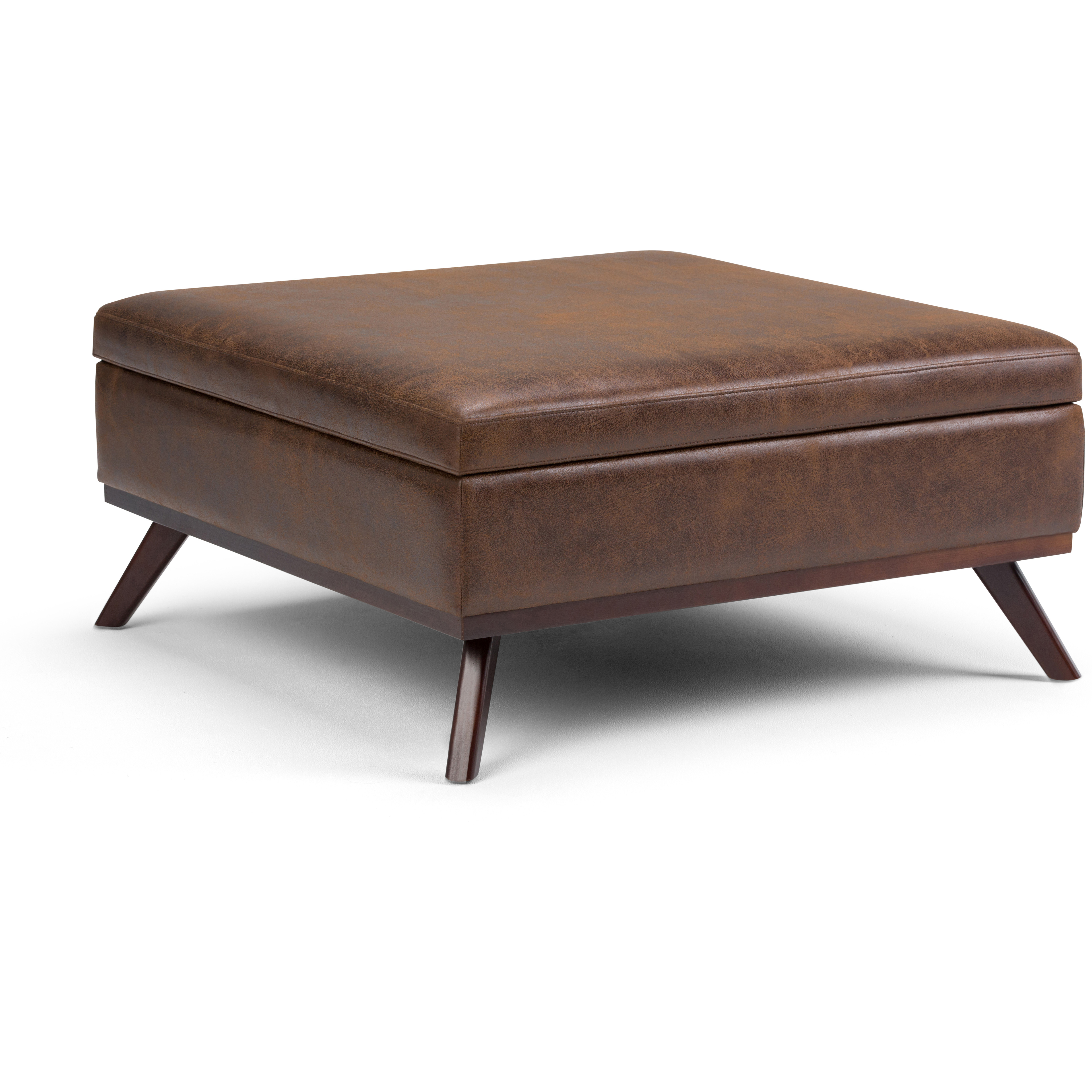 Owen Square Coffee Table Storage Ottoman in Distressed Chestnut Brown Faux Air Leather