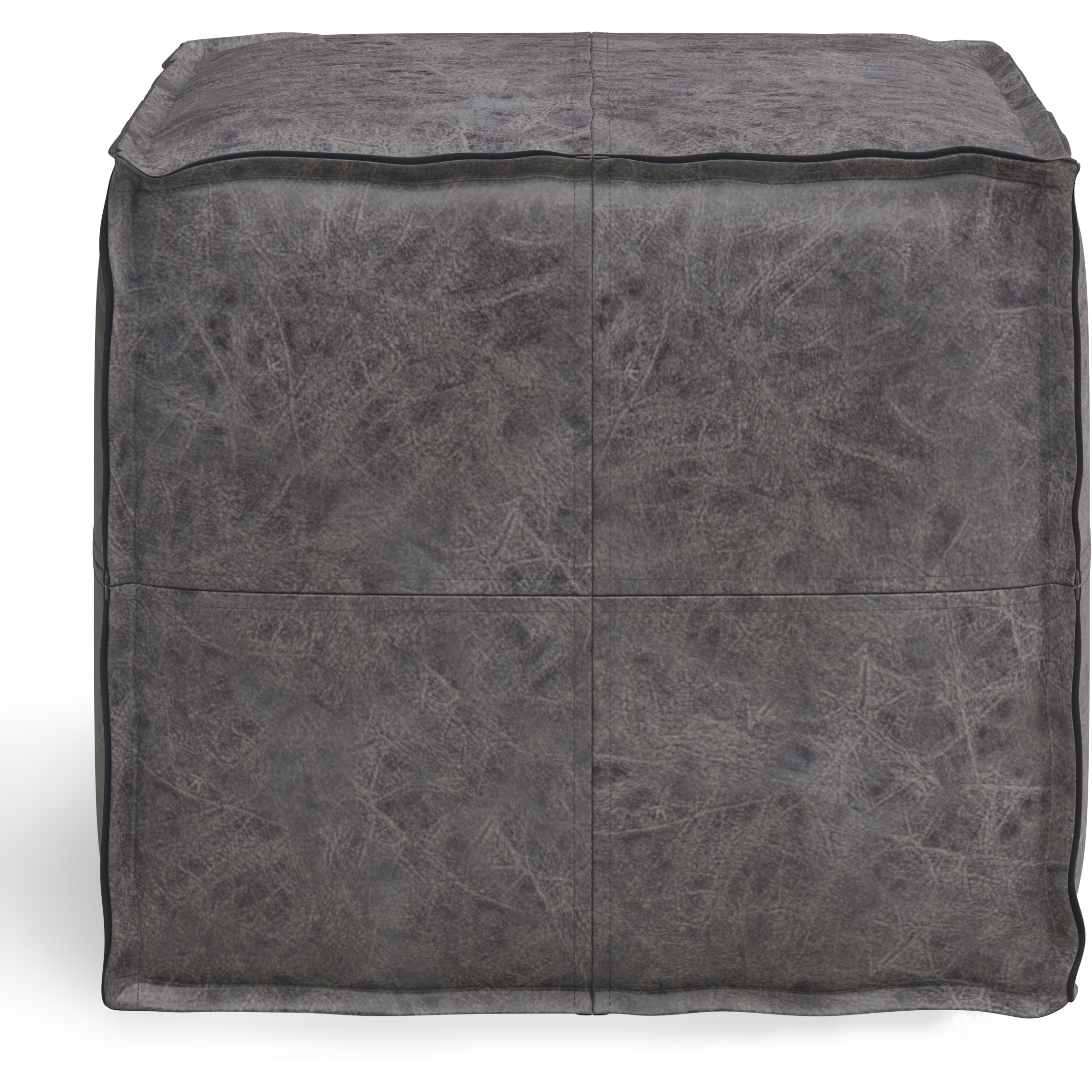 Brody Boho Square Pouf in Distressed Black Faux Leather