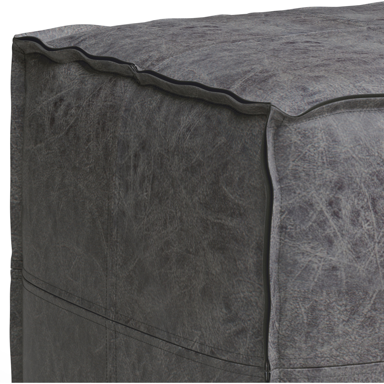 Brody Boho Square Pouf in Distressed Black Faux Leather