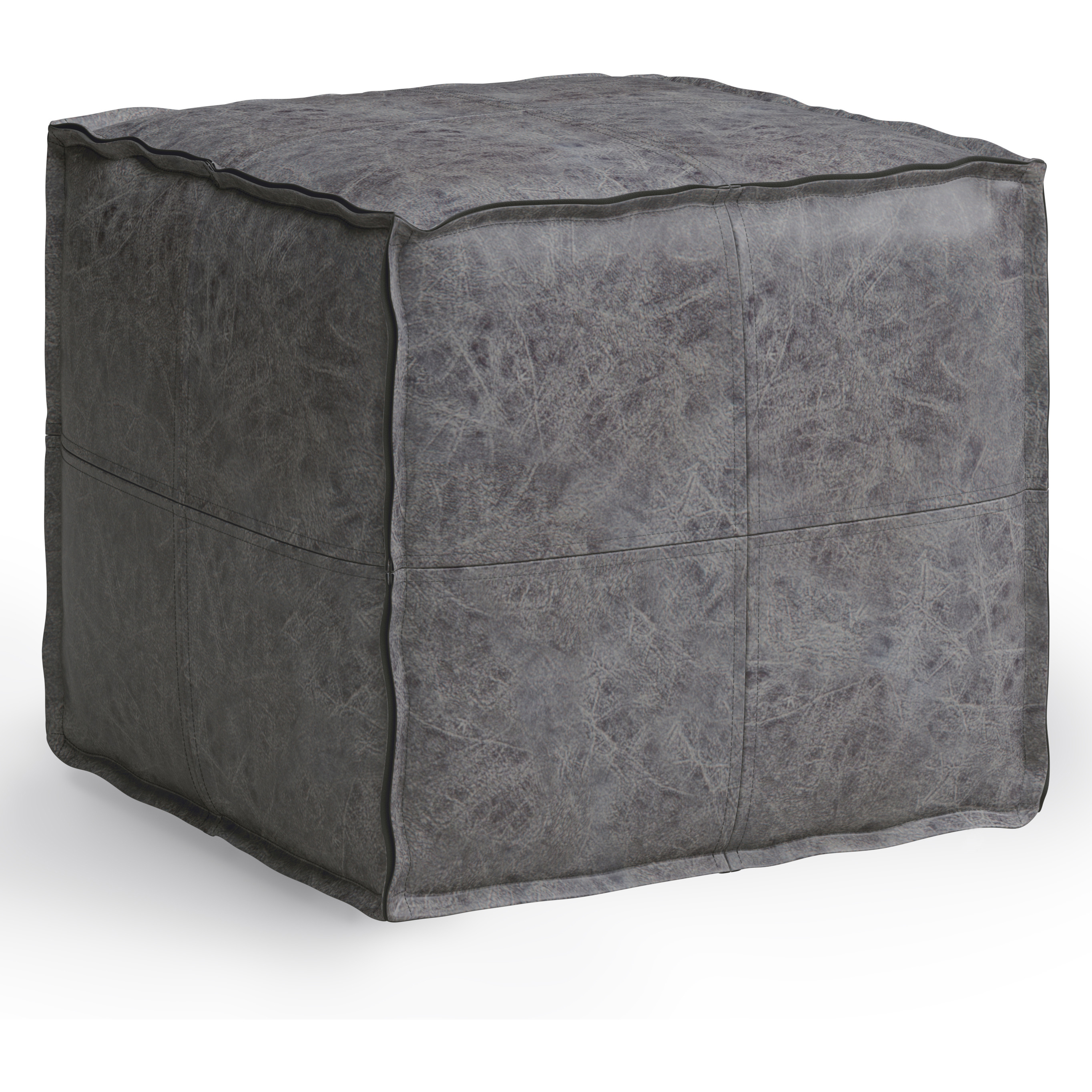 Brody Boho Square Pouf in Distressed Black Faux Leather
