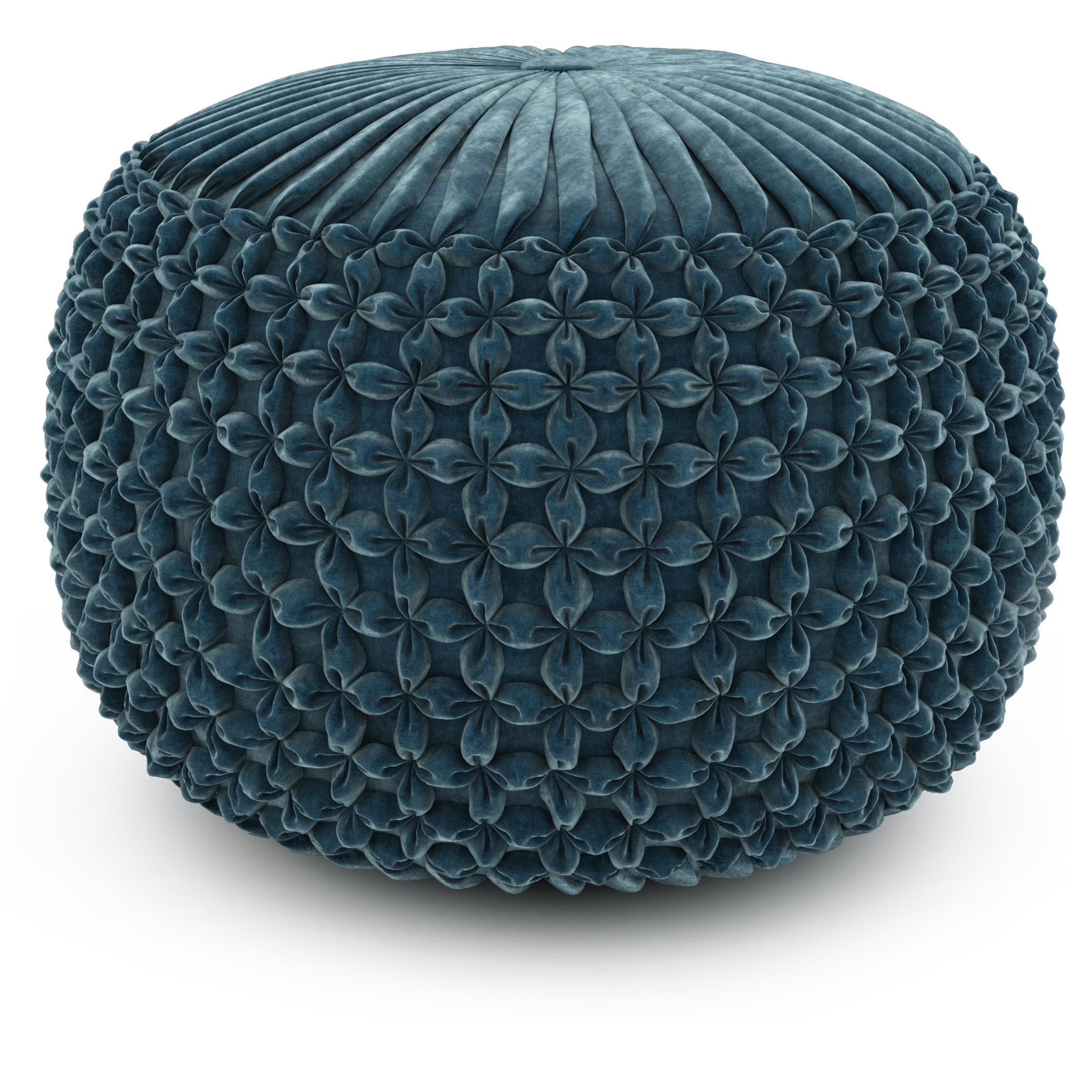 Renee Boho Round Pouf in Teal Velvet Fabric