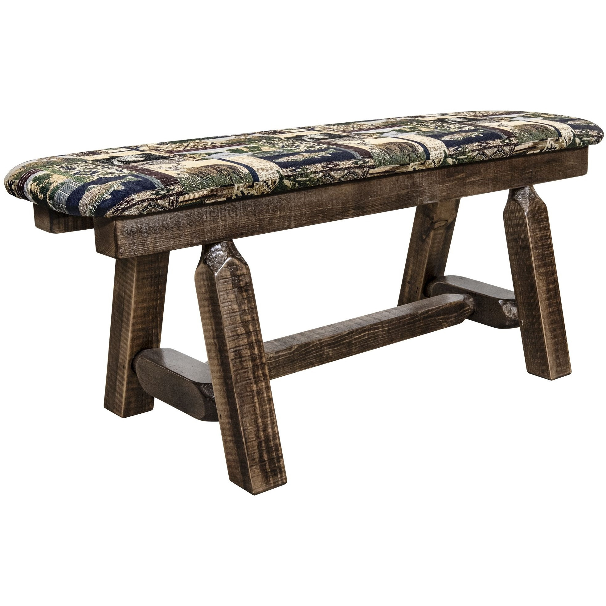 Homestead Collection Plank Style Bench, Stain & Clear Lacquer Finish, 45 Inch w/ Woodland Upholstery