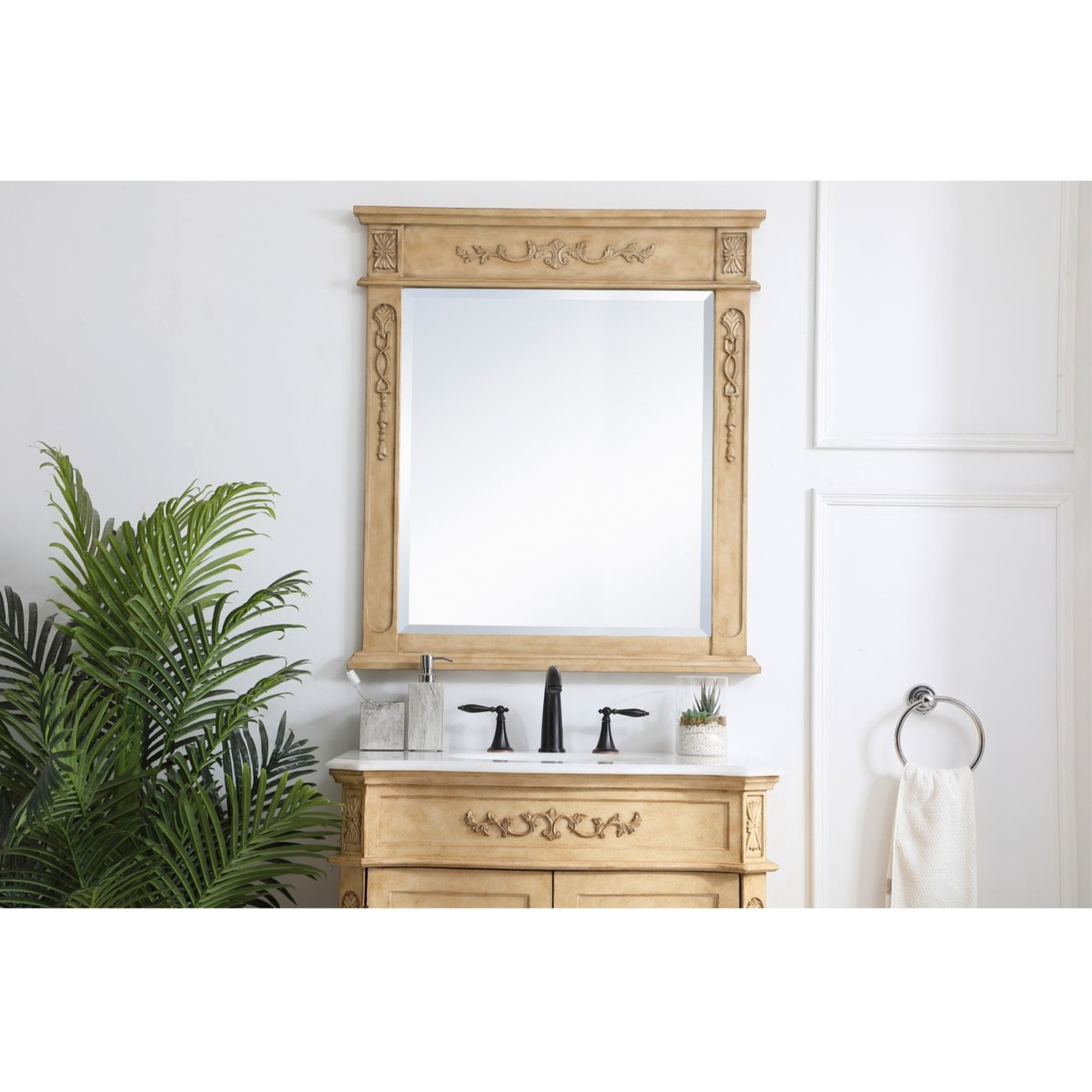 Wood frame mirror 32 inch x 36 inch in Antique Beige