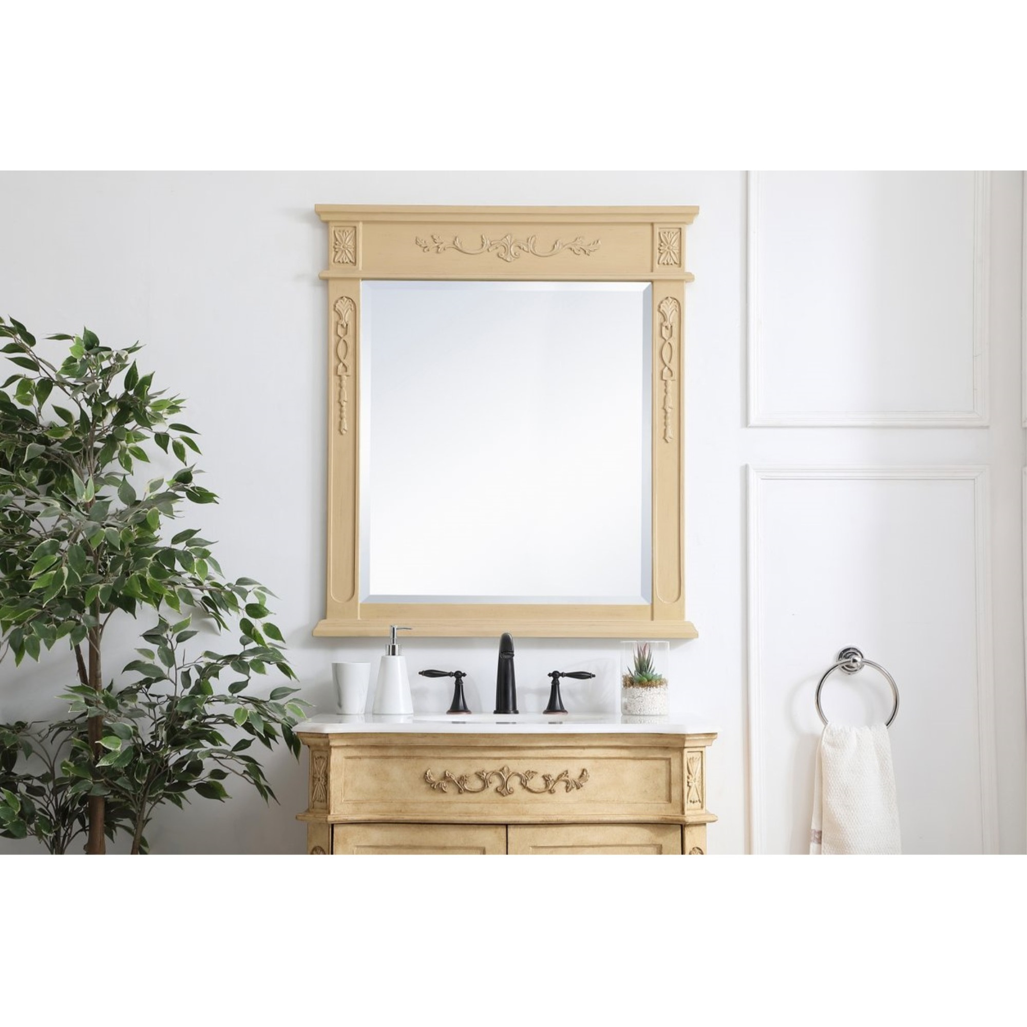 Wood frame mirror 32 inch x 36 inch in Light Antique Beige