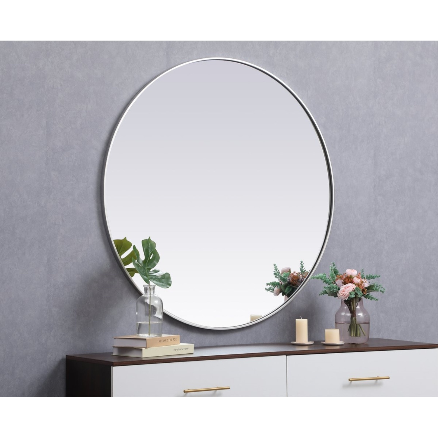 Metal frame round mirror 45 inch in Silver